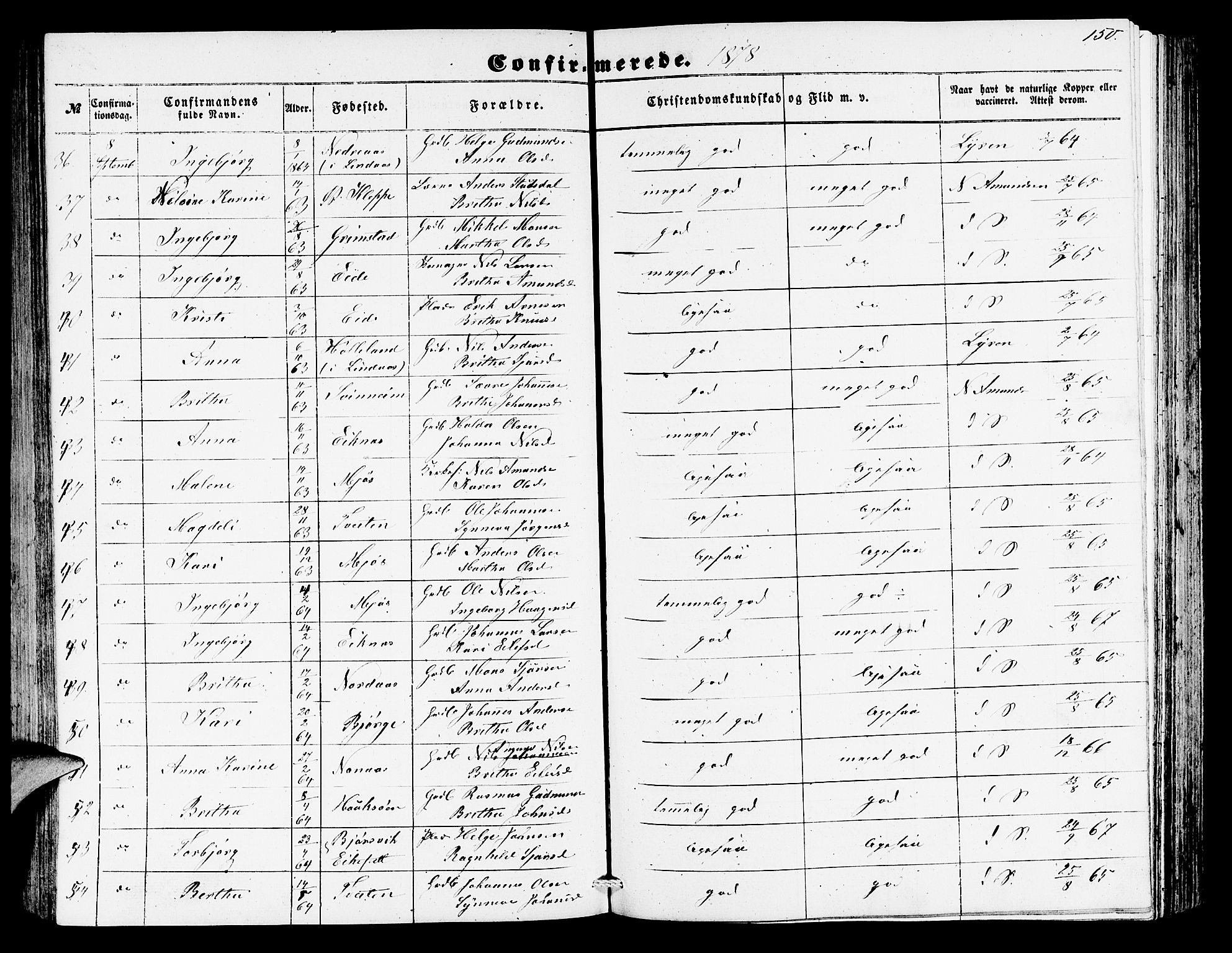 Hosanger sokneprestembete, SAB/A-75801/H/Hab: Parish register (copy) no. A 2, 1857-1881, p. 150