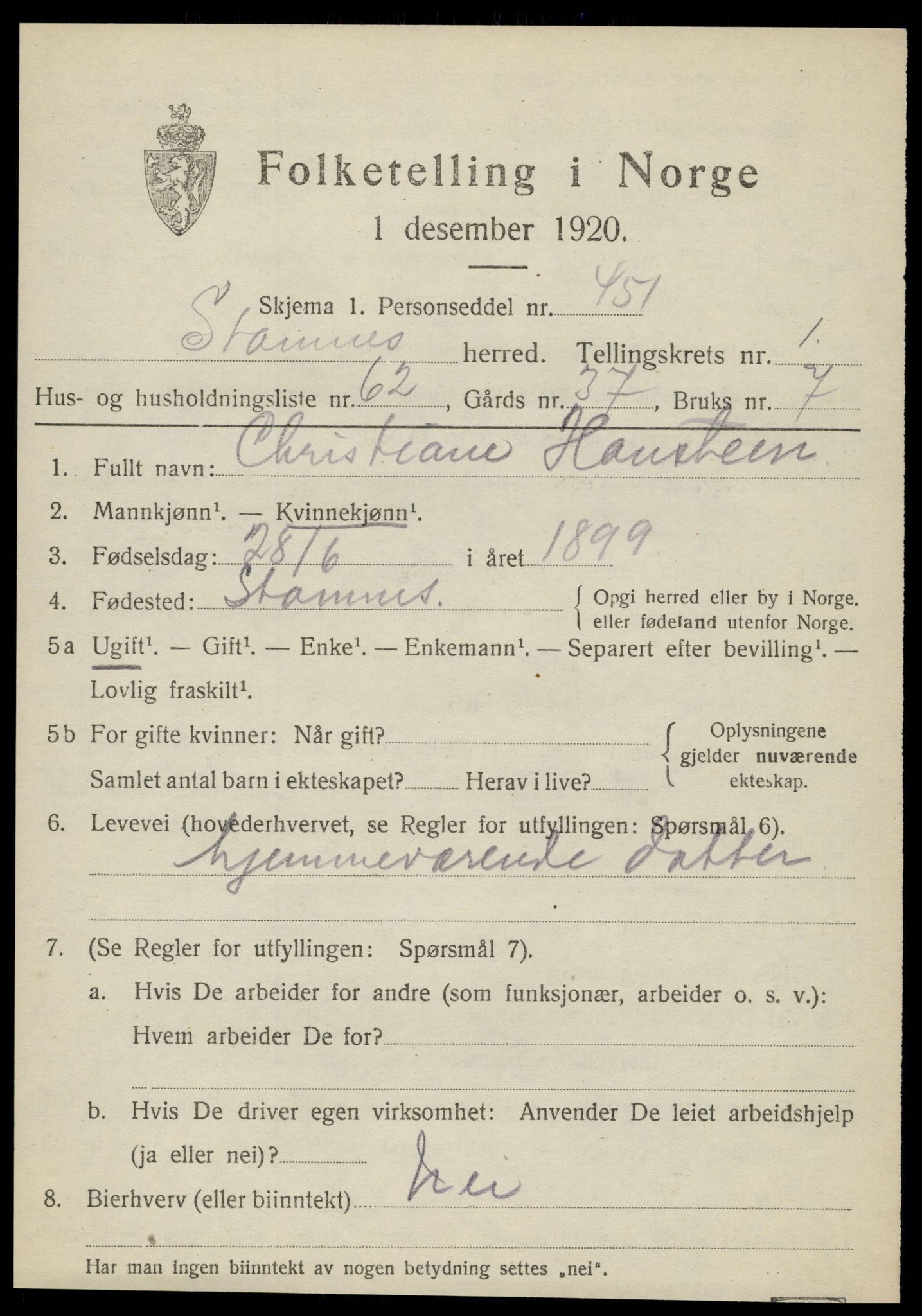 SAT, 1920 census for Stamnes, 1920, p. 1468