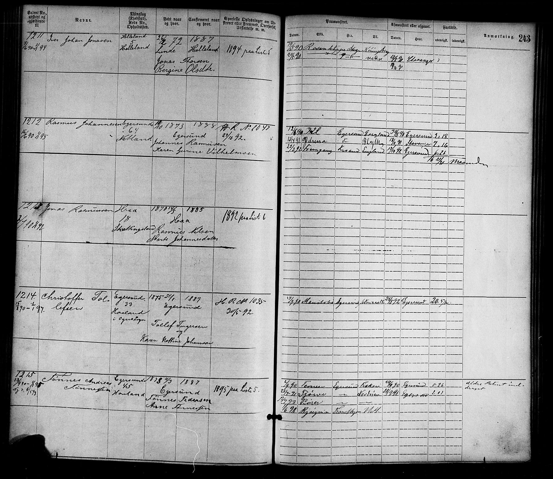 Egersund mønstringskrets, SAK/2031-0019/F/Fa/L0001: Annotasjonsrulle nr 1-1440 med register, O-1, 1869-1895, p. 268