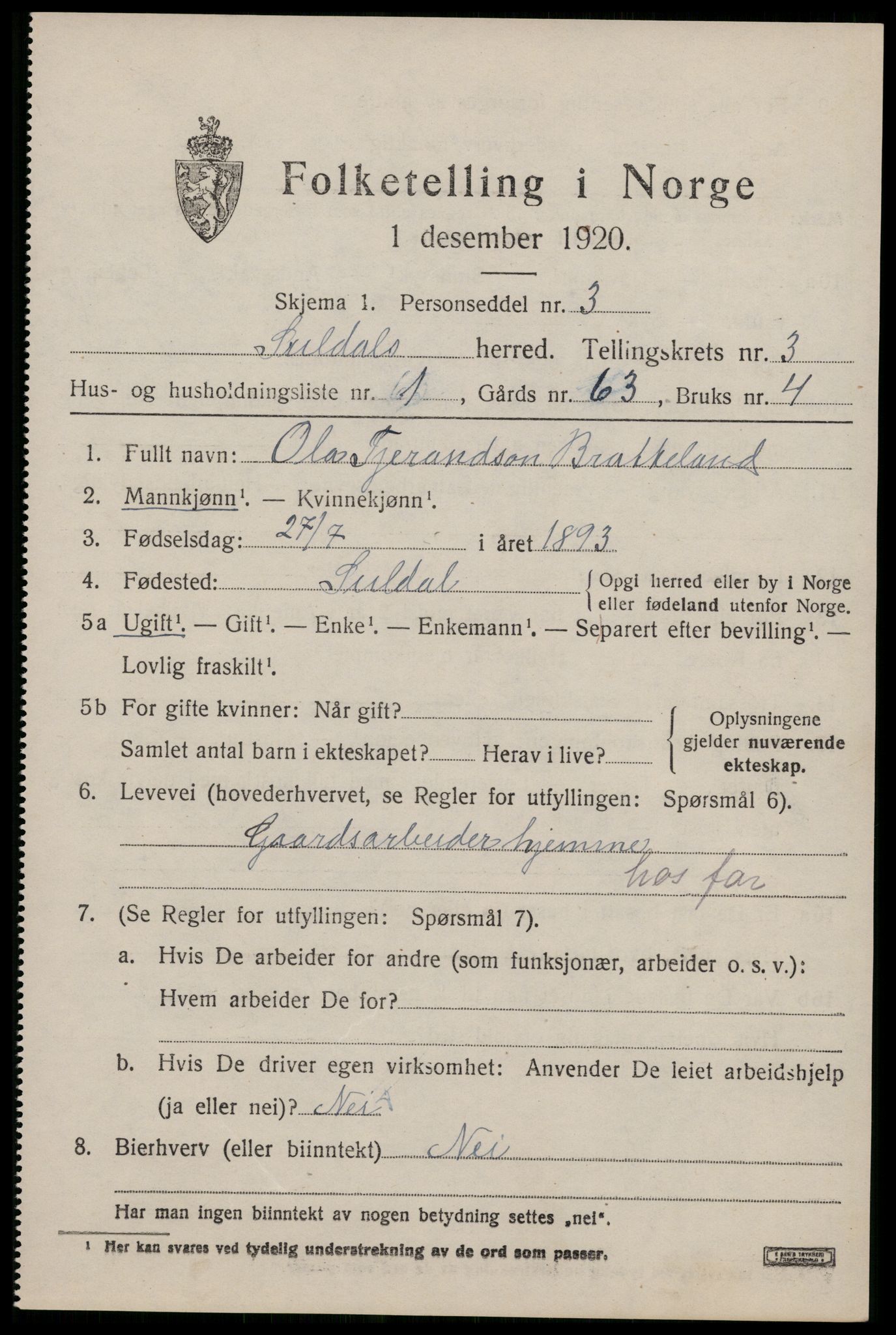 SAST, 1920 census for Suldal, 1920, p. 912