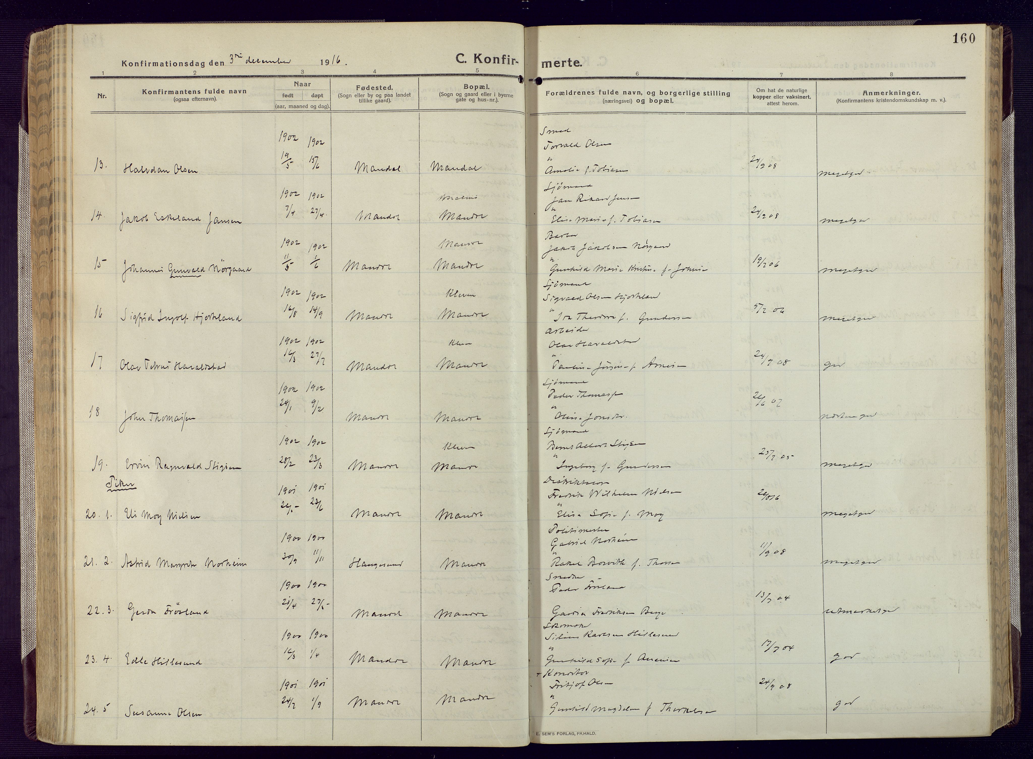 Mandal sokneprestkontor, AV/SAK-1111-0030/F/Fa/Fac/L0001: Parish register (official) no. A 1, 1913-1925, p. 160