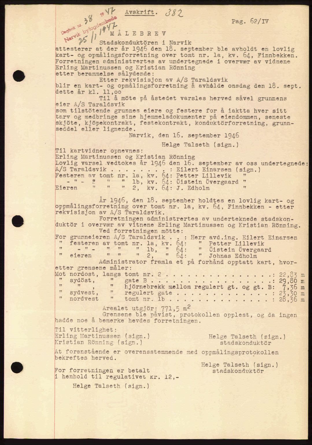 Narvik sorenskriveri, SAT/A-0002/1/2/2C/2Ca: Mortgage book no. A21, 1946-1947, Diary no: : 38/1947