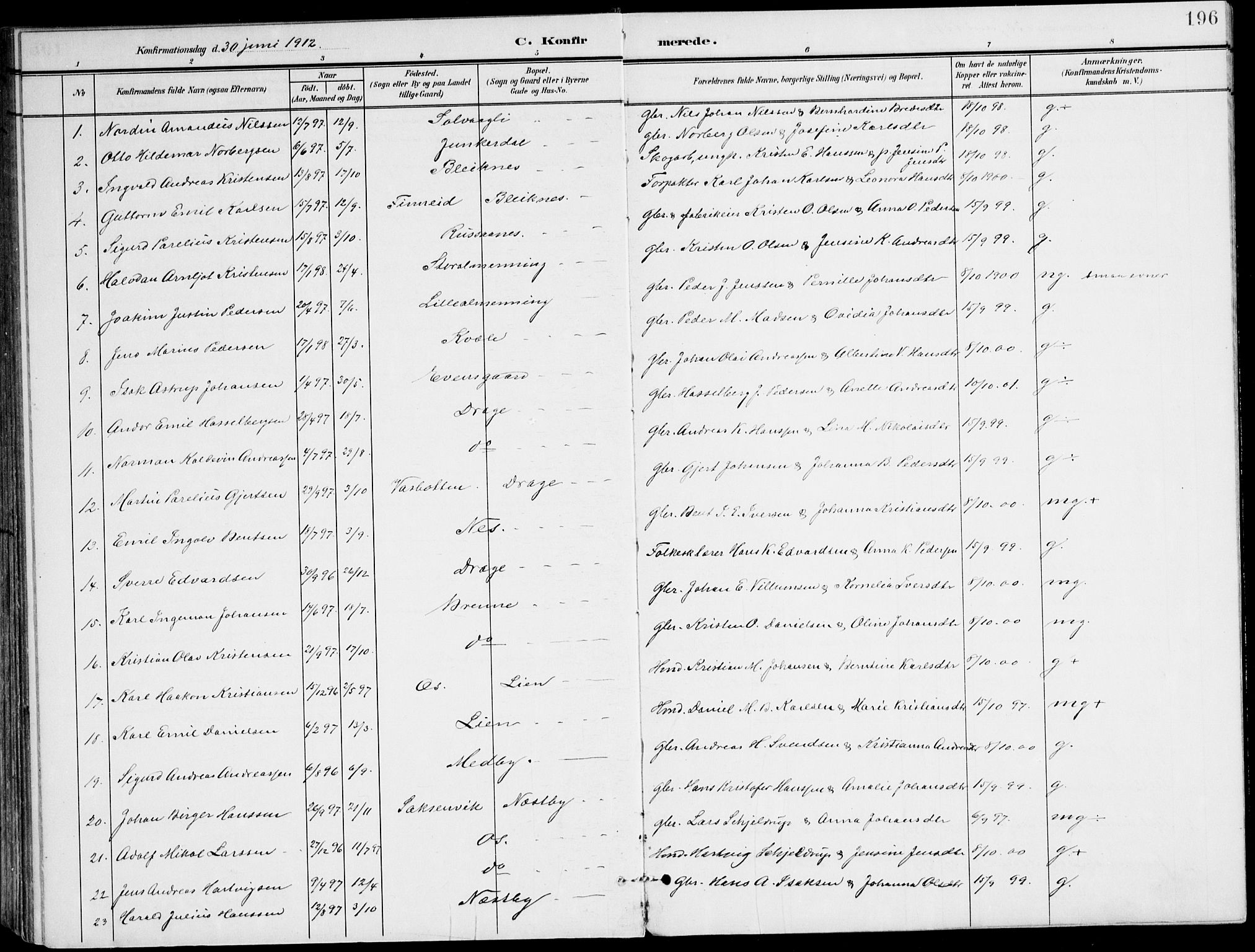 Ministerialprotokoller, klokkerbøker og fødselsregistre - Nordland, SAT/A-1459/847/L0672: Parish register (official) no. 847A12, 1902-1919, p. 196