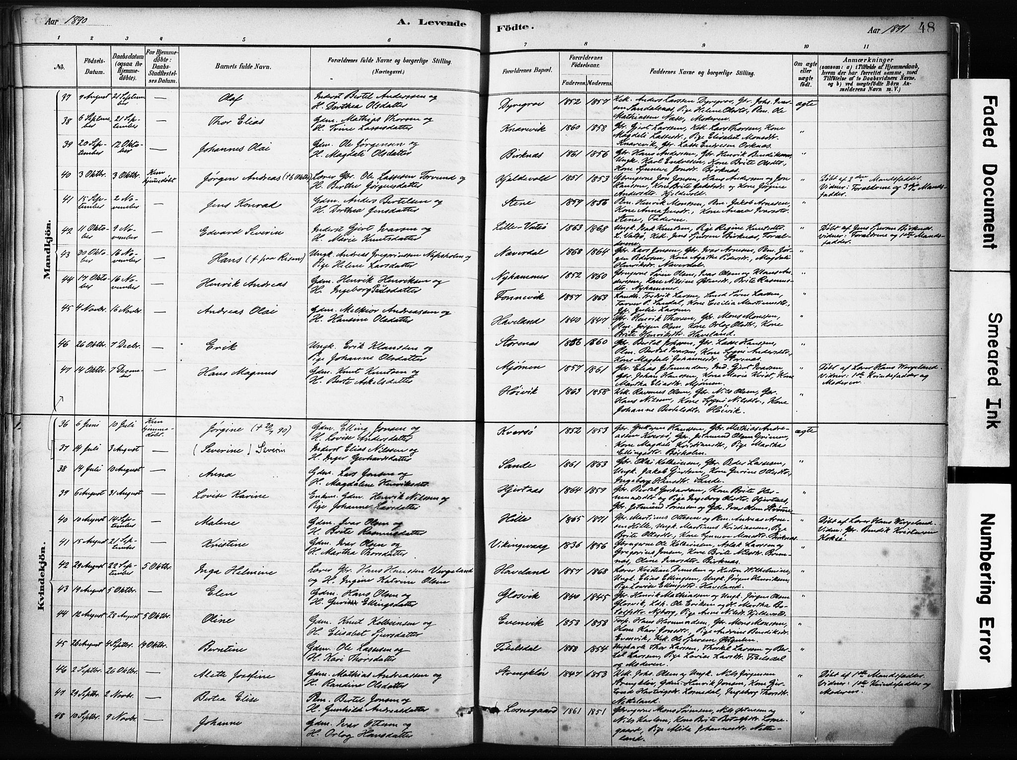 Gulen sokneprestembete, AV/SAB-A-80201/H/Haa/Haab/L0001: Parish register (official) no. B 1, 1881-1905, p. 46(v) 48(h)