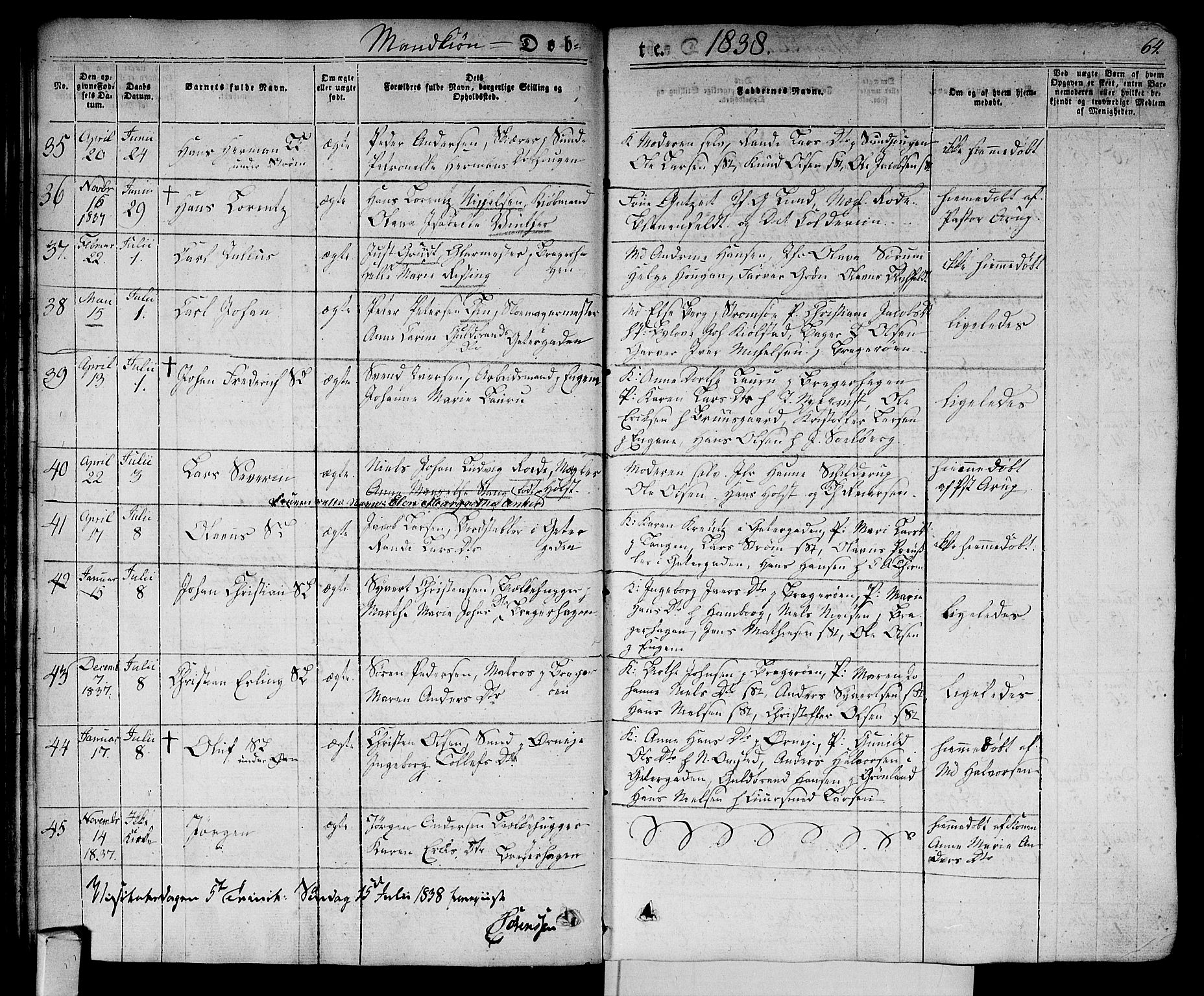 Bragernes kirkebøker, AV/SAKO-A-6/F/Fb/L0001: Parish register (official) no. II 1, 1830-1847, p. 64