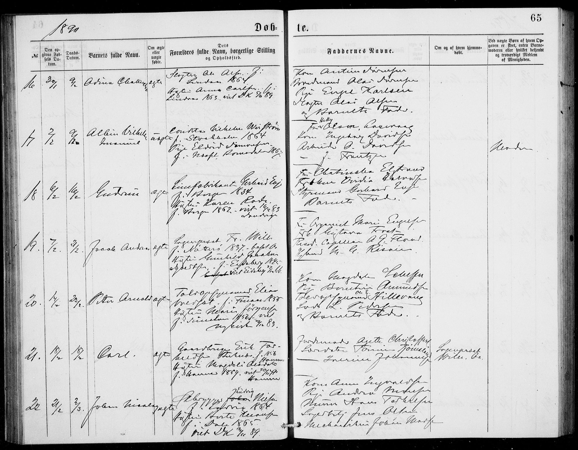 Fødselsstiftelsens sokneprestembete, ført av overlegen*, SAB/-: Parish register (official) no. A 2, 1884-1900, p. 65