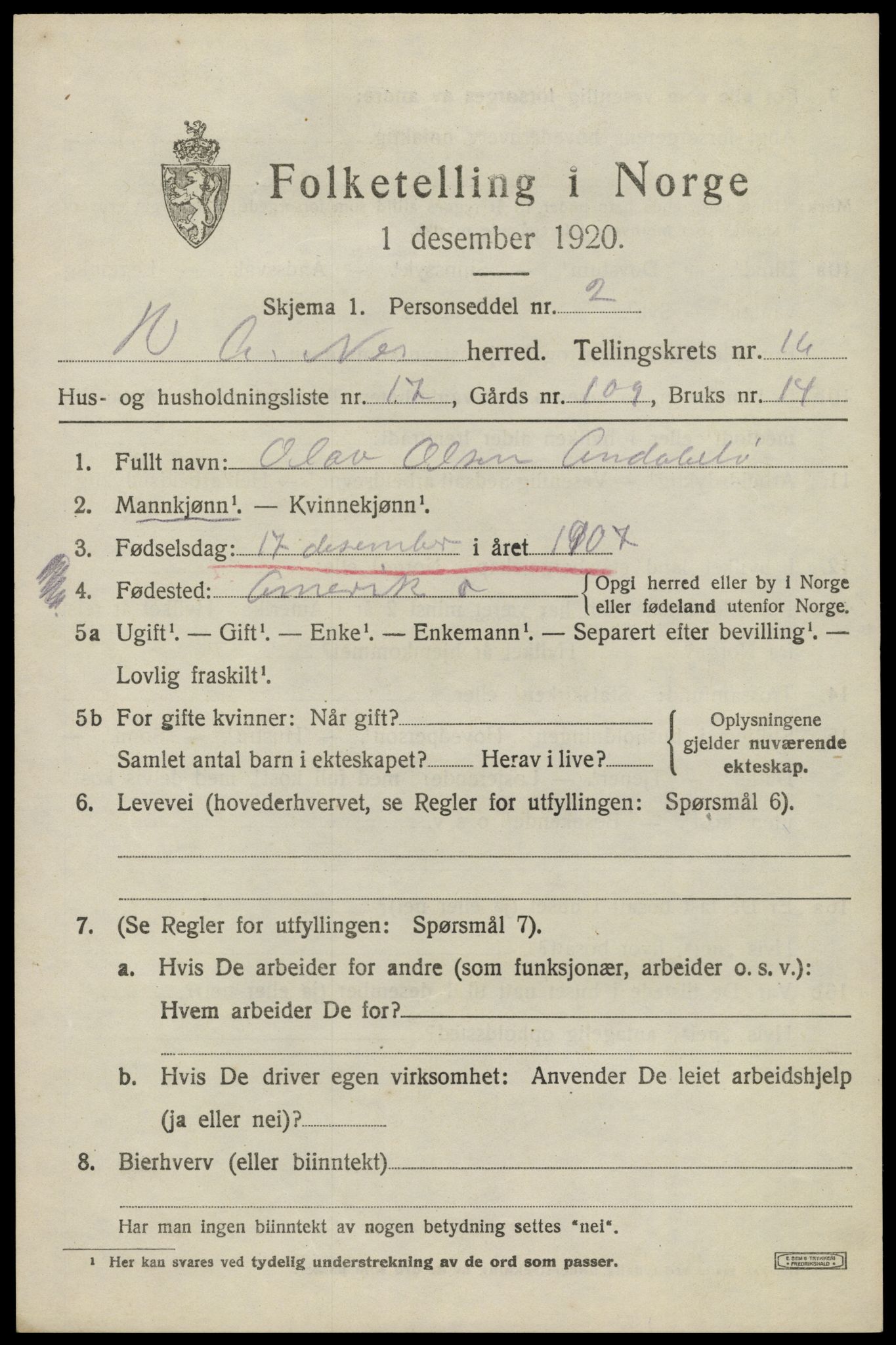 SAK, 1920 census for Nes (V-A), 1920, p. 5914