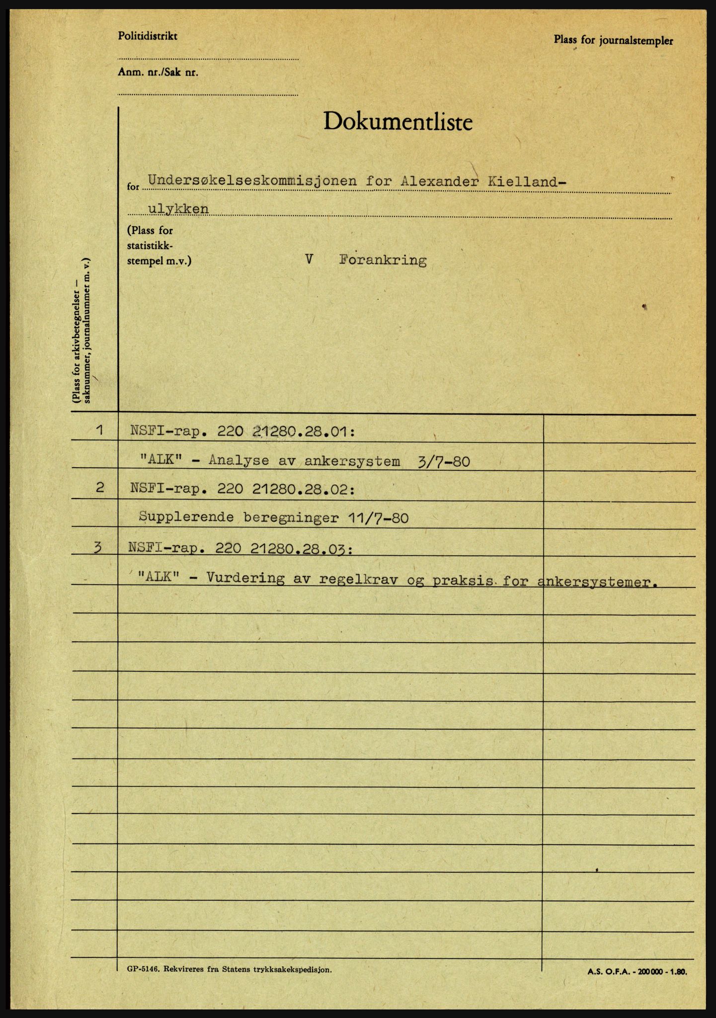 Justisdepartementet, Granskningskommisjonen ved Alexander Kielland-ulykken 27.3.1980, AV/RA-S-1165/D/L0021: V Forankring (Doku.liste + V1-V3 av 3)/W Materialundersøkelser (Doku.liste + W1-W10 av 10 - W9 eske 26), 1980-1981, p. 1