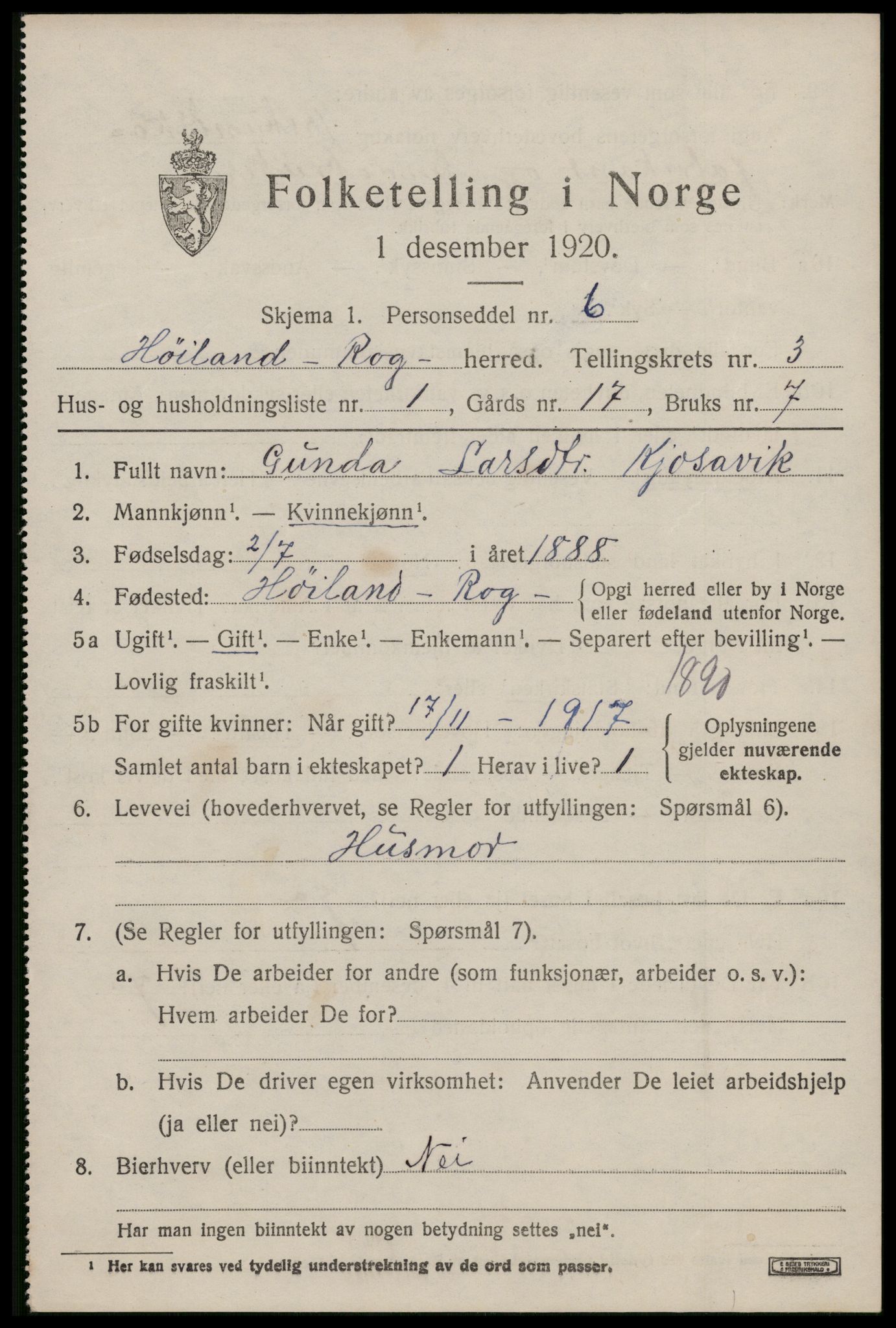 SAST, 1920 census for Høyland, 1920, p. 3024