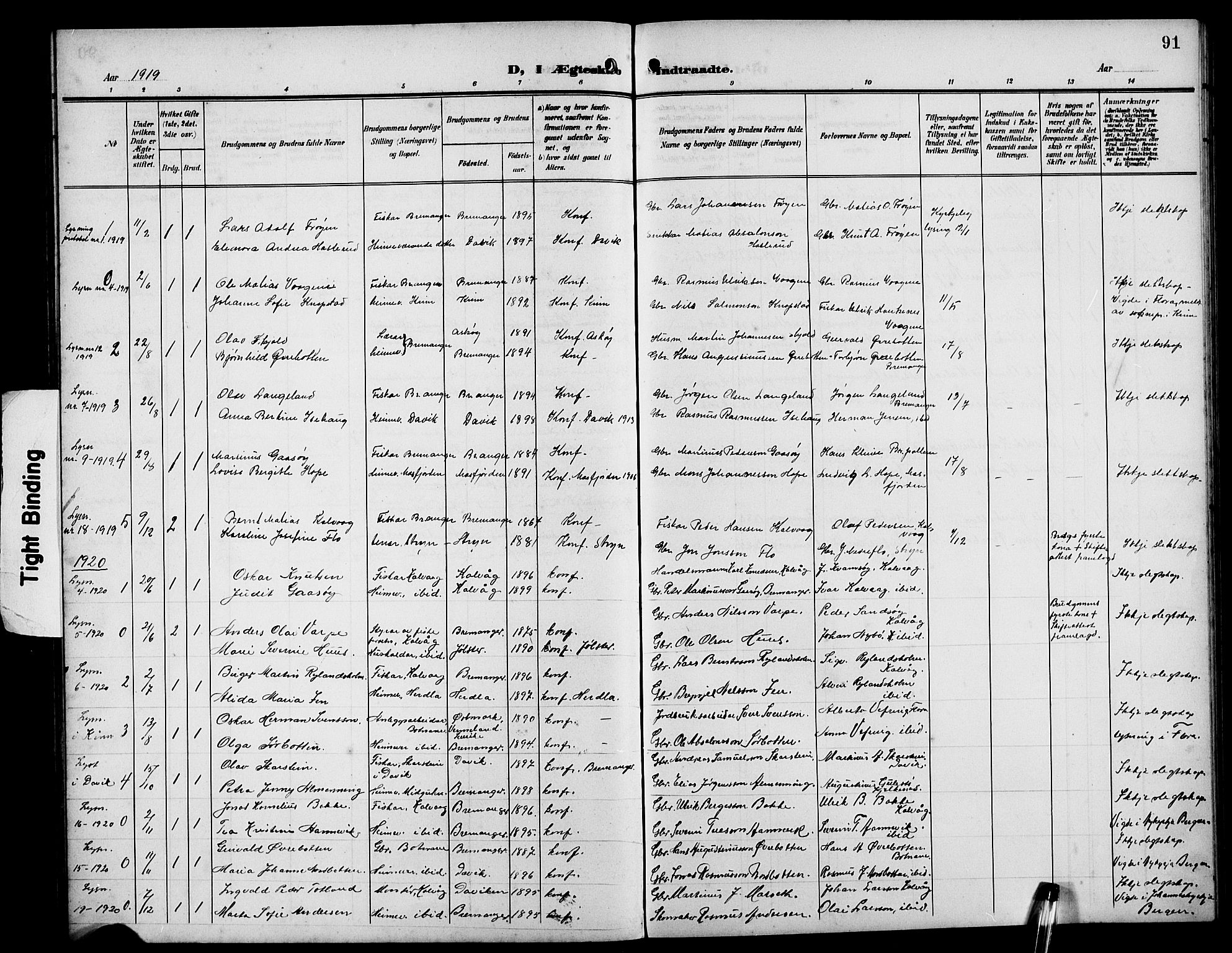 Bremanger sokneprestembete, AV/SAB-A-82201/H/Hab/Habb/L0001: Parish register (copy) no. B 1, 1906-1925, p. 91