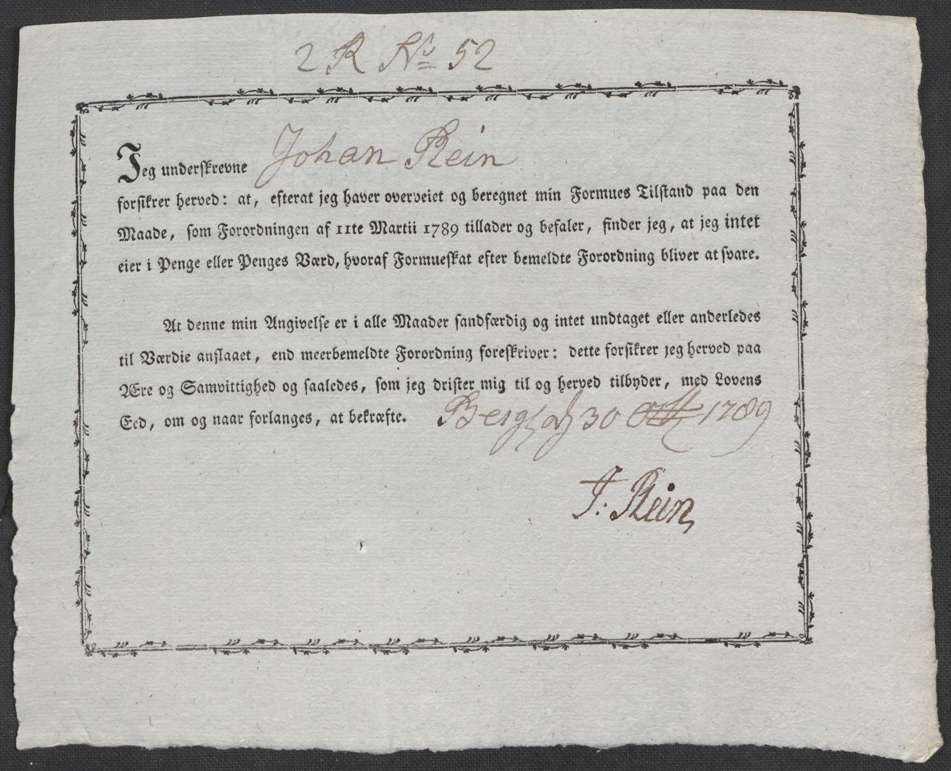 Rentekammeret inntil 1814, Reviderte regnskaper, Mindre regnskaper, AV/RA-EA-4068/Rf/Rfe/L0003: Bergen. Bragernes, 1789, p. 220