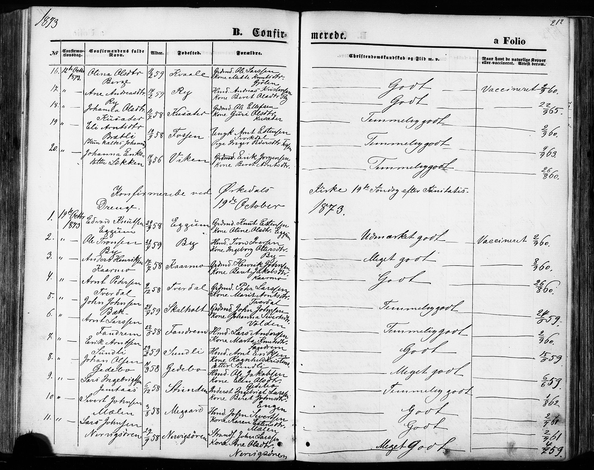 Ministerialprotokoller, klokkerbøker og fødselsregistre - Sør-Trøndelag, AV/SAT-A-1456/668/L0807: Parish register (official) no. 668A07, 1870-1880, p. 212