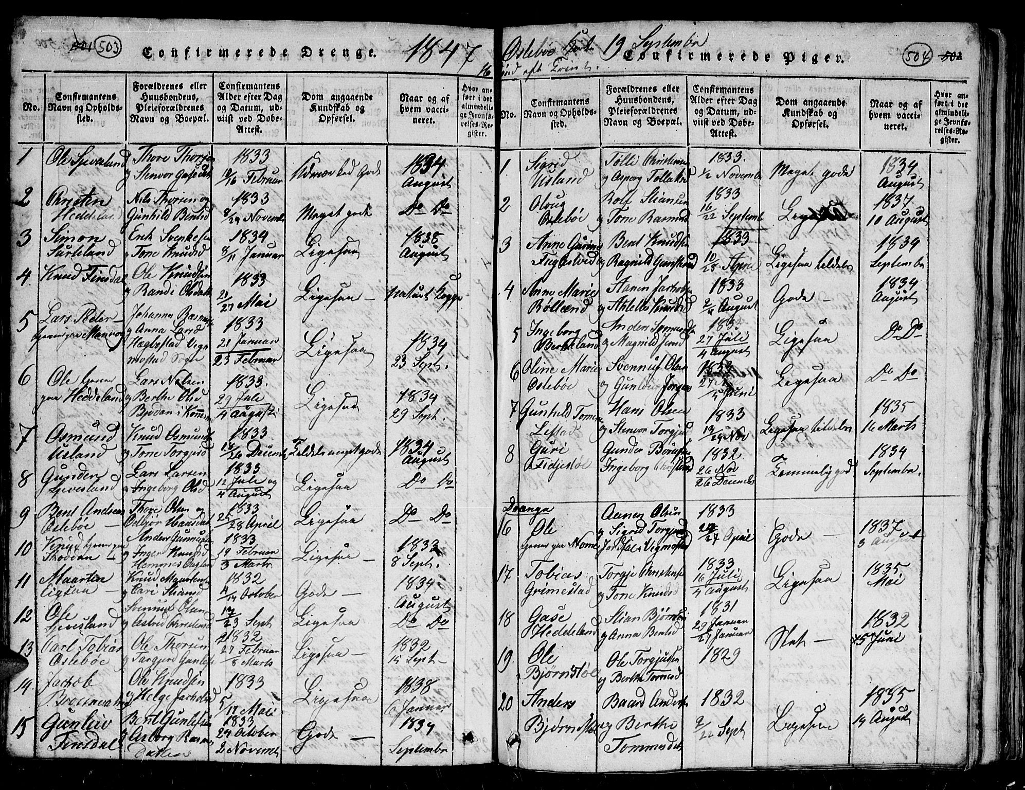 Holum sokneprestkontor, AV/SAK-1111-0022/F/Fb/Fbc/L0001: Parish register (copy) no. B 1, 1820-1859, p. 503-504