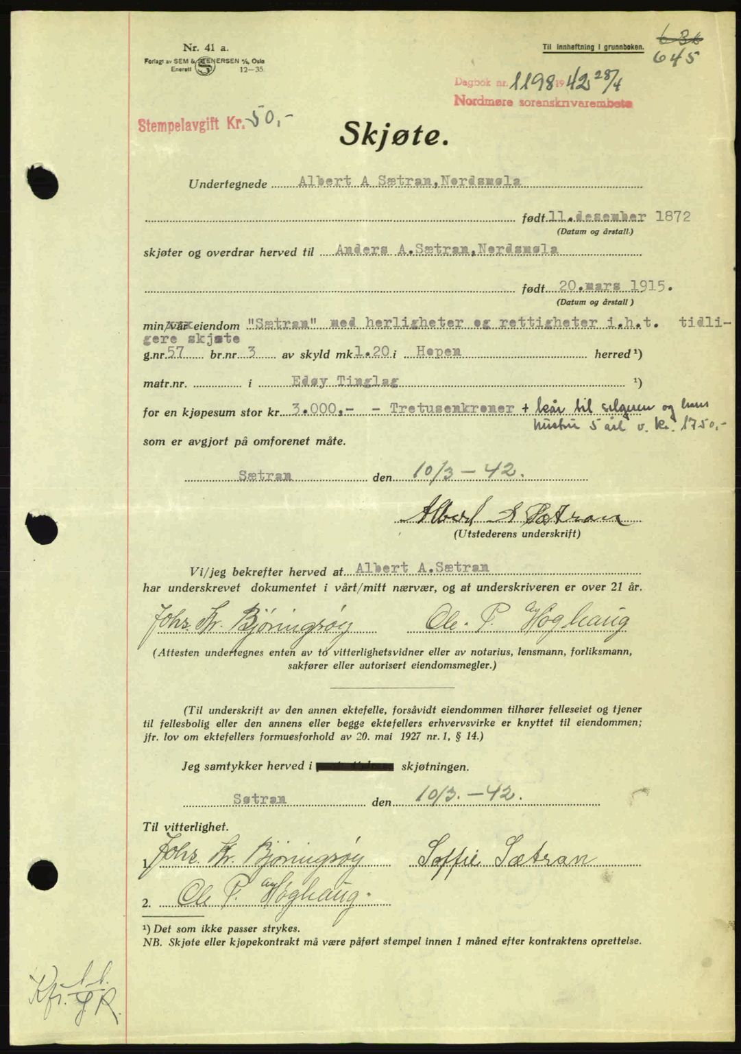 Nordmøre sorenskriveri, AV/SAT-A-4132/1/2/2Ca: Mortgage book no. A92, 1942-1942, Diary no: : 1198/1942