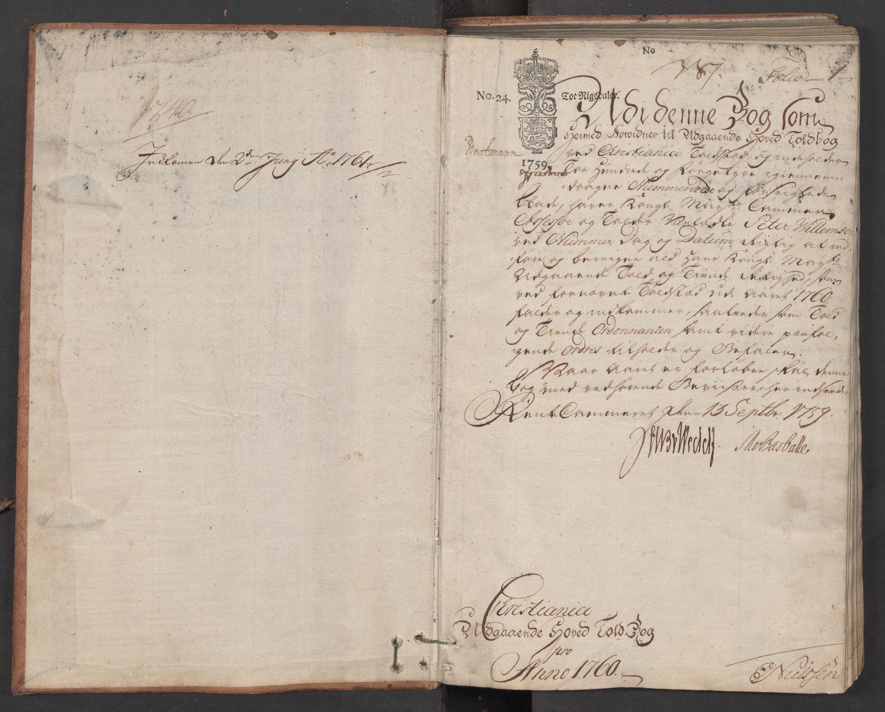 Generaltollkammeret, tollregnskaper, AV/RA-EA-5490/R06/L0056/0001: Tollregnskaper Kristiania / Utgående hovedtollbok, 1760