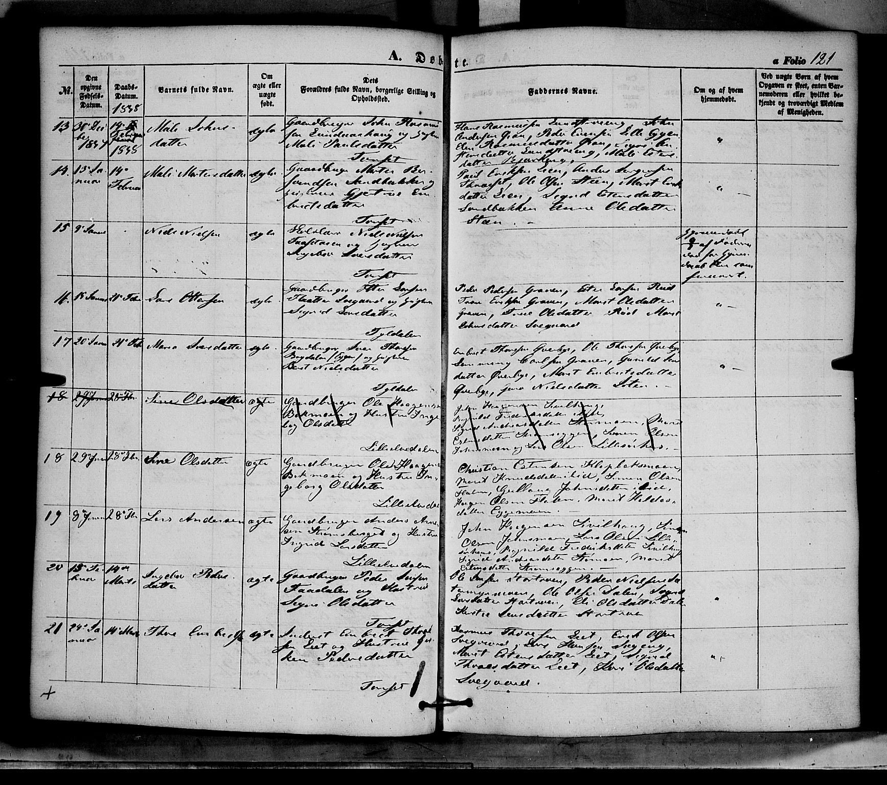 Tynset prestekontor, SAH/PREST-058/H/Ha/Haa/L0020: Parish register (official) no. 20, 1848-1862, p. 121