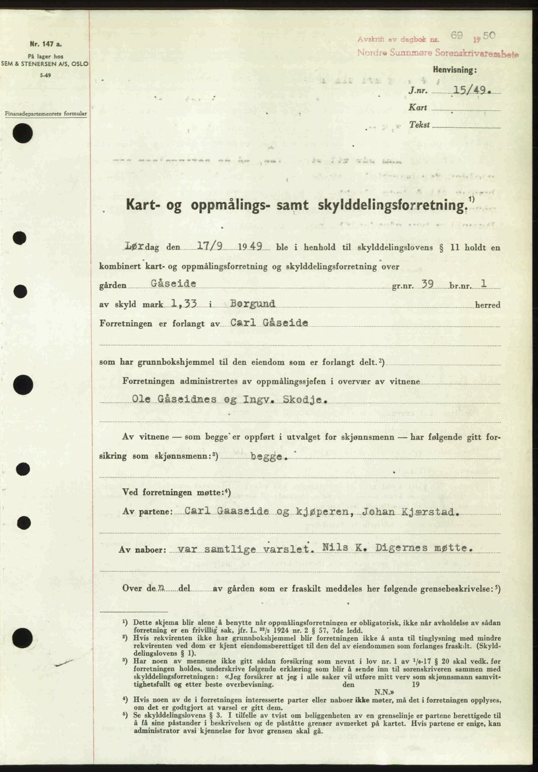Nordre Sunnmøre sorenskriveri, AV/SAT-A-0006/1/2/2C/2Ca: Mortgage book no. A33, 1949-1950, Diary no: : 69/1950