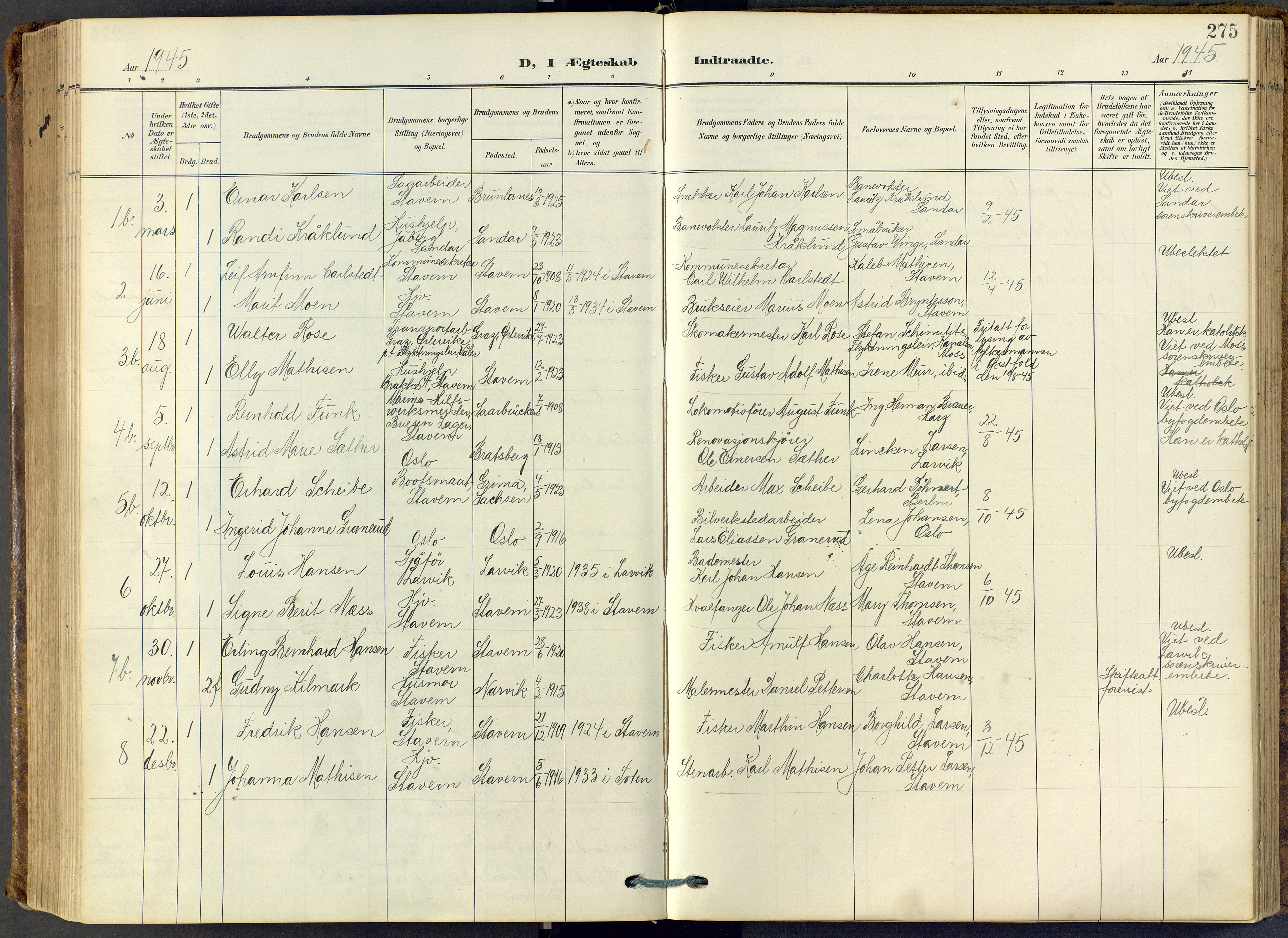 Stavern kirkebøker, SAKO/A-318/F/Fa/L0009: Parish register (official) no. 9, 1906-1955, p. 275