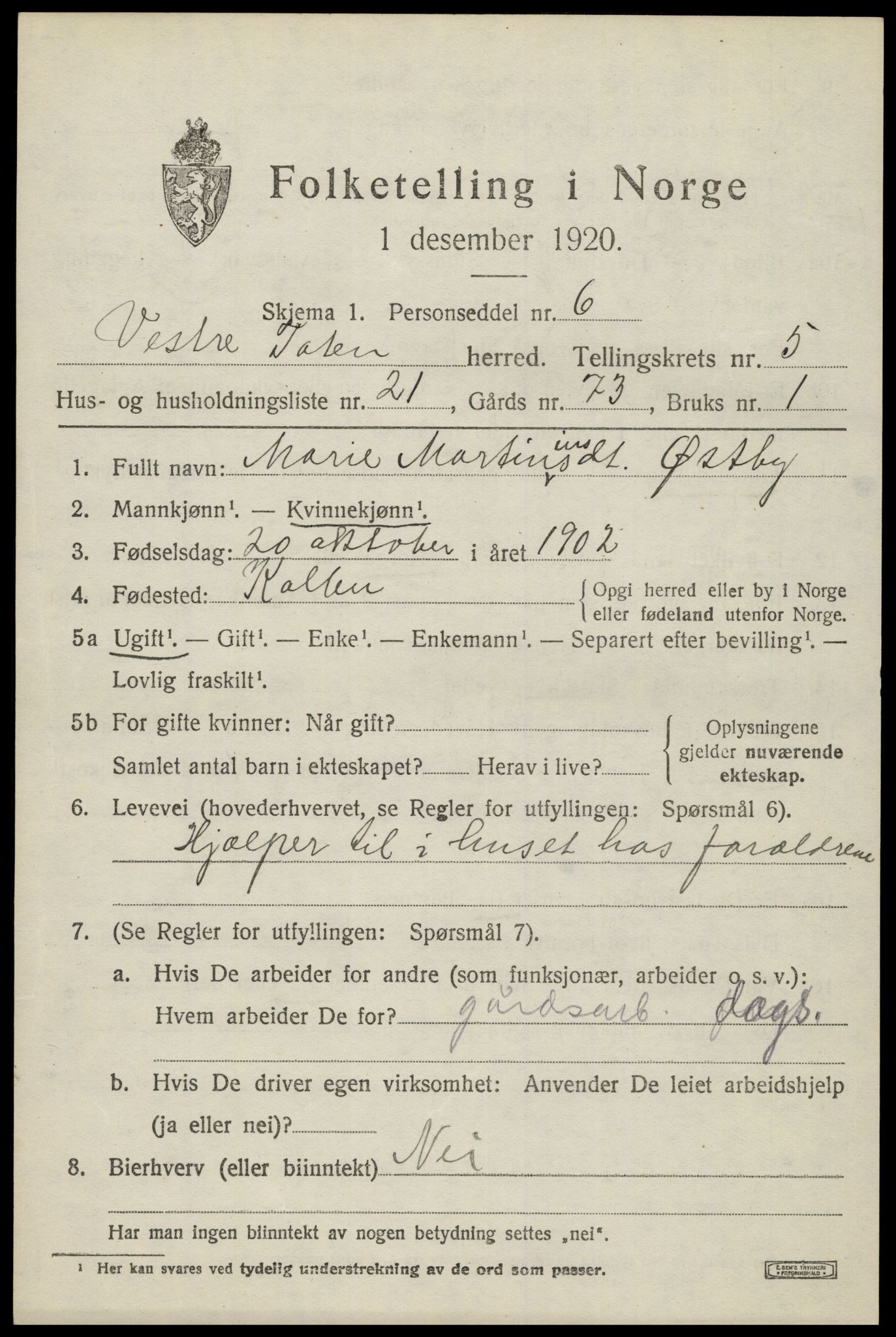 SAH, 1920 census for Vestre Toten, 1920, p. 7554