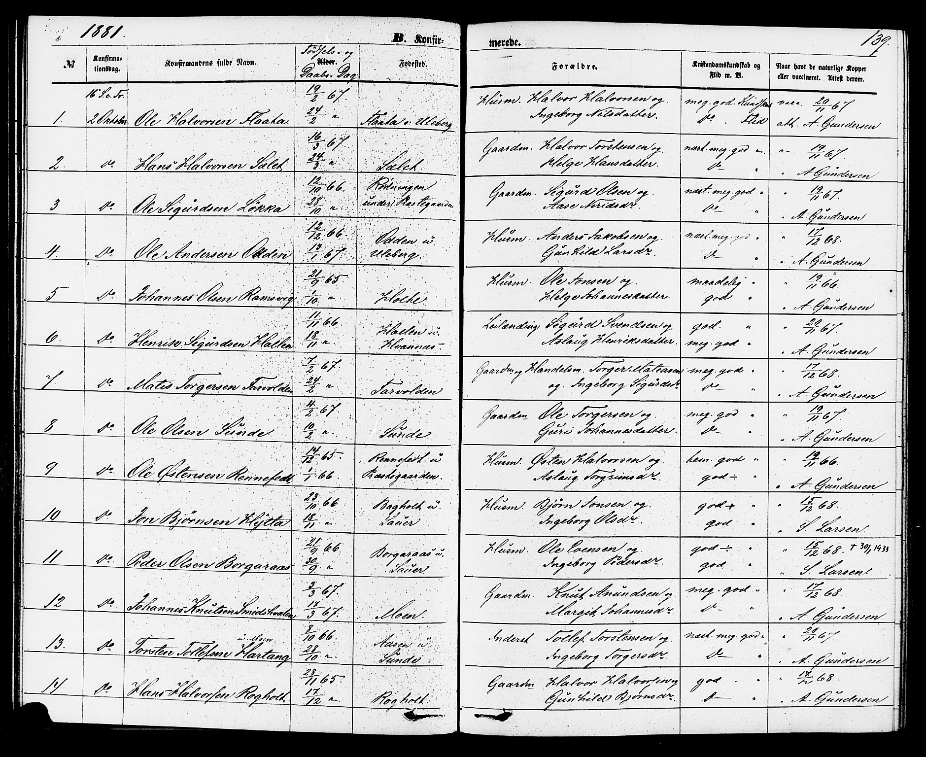 Sauherad kirkebøker, SAKO/A-298/F/Fa/L0008: Parish register (official) no. I 8, 1873-1886, p. 139