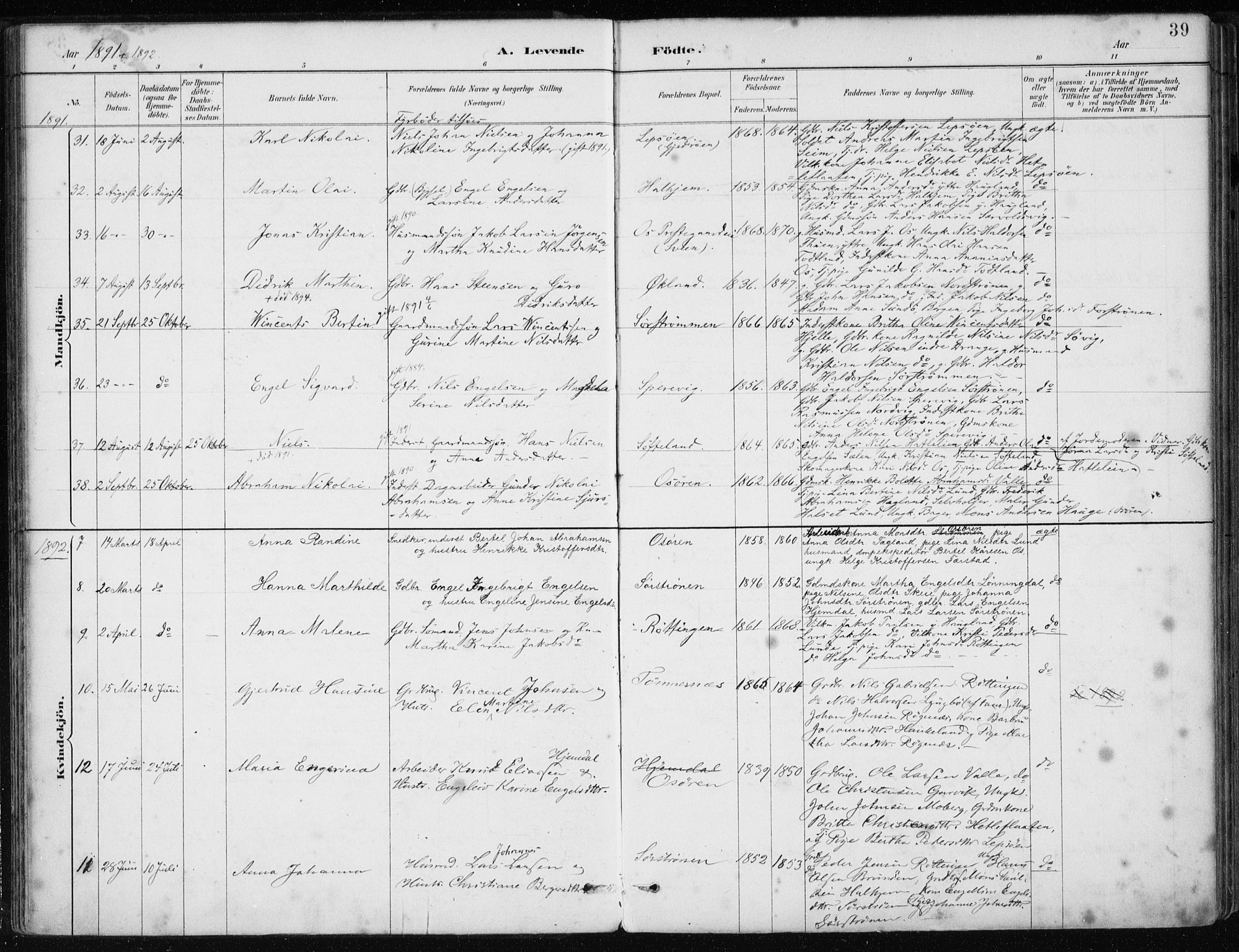 Os sokneprestembete, SAB/A-99929: Parish register (official) no. B 1, 1885-1902, p. 39