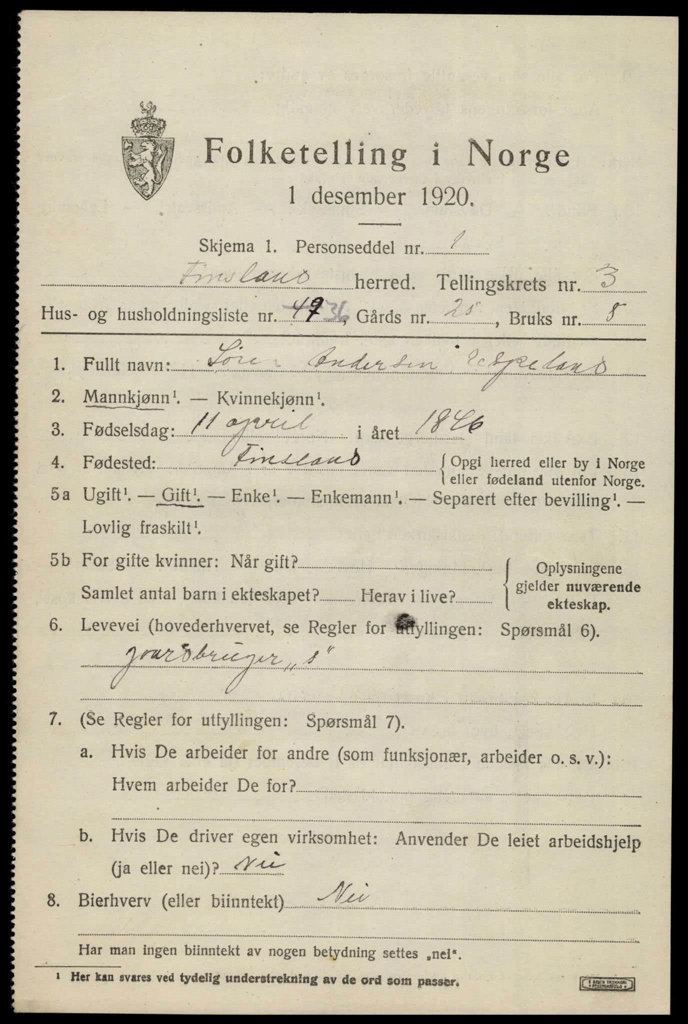 SAK, 1920 census for Finsland, 1920, p. 1596