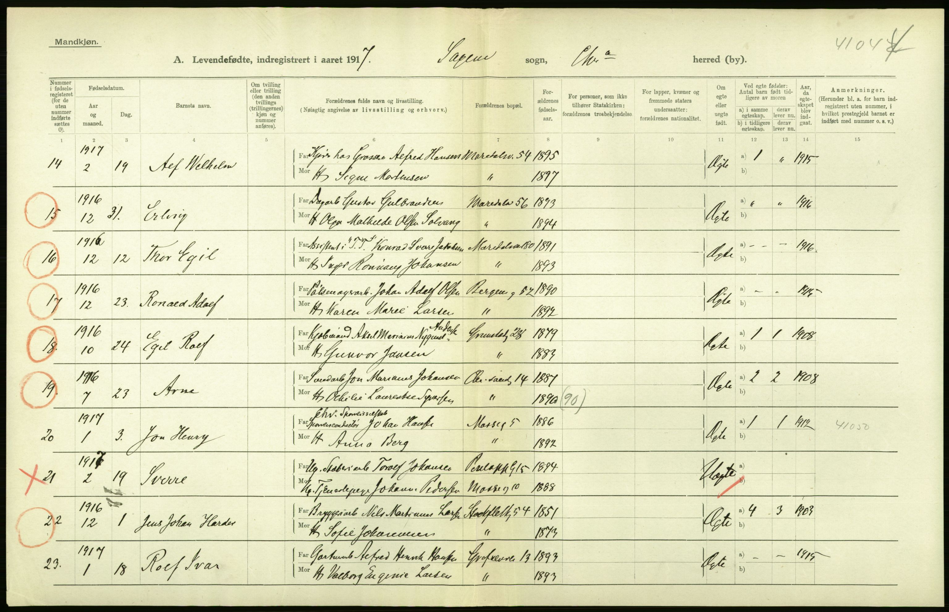 Statistisk sentralbyrå, Sosiodemografiske emner, Befolkning, AV/RA-S-2228/D/Df/Dfb/Dfbg/L0007: Kristiania: Levendefødte menn og kvinner., 1917, p. 86