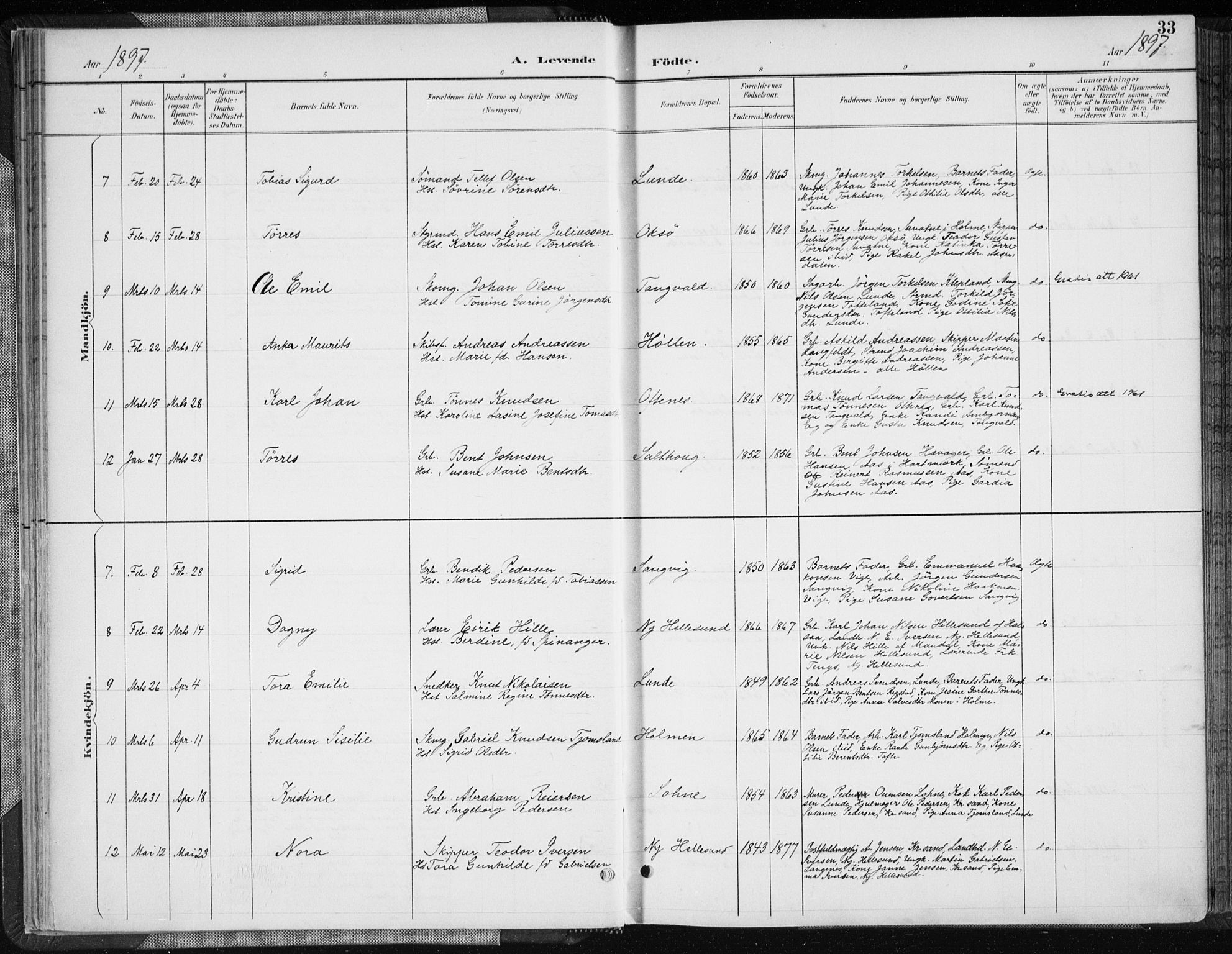 Søgne sokneprestkontor, SAK/1111-0037/F/Fa/Fab/L0013: Parish register (official) no. A 13, 1892-1911, p. 33
