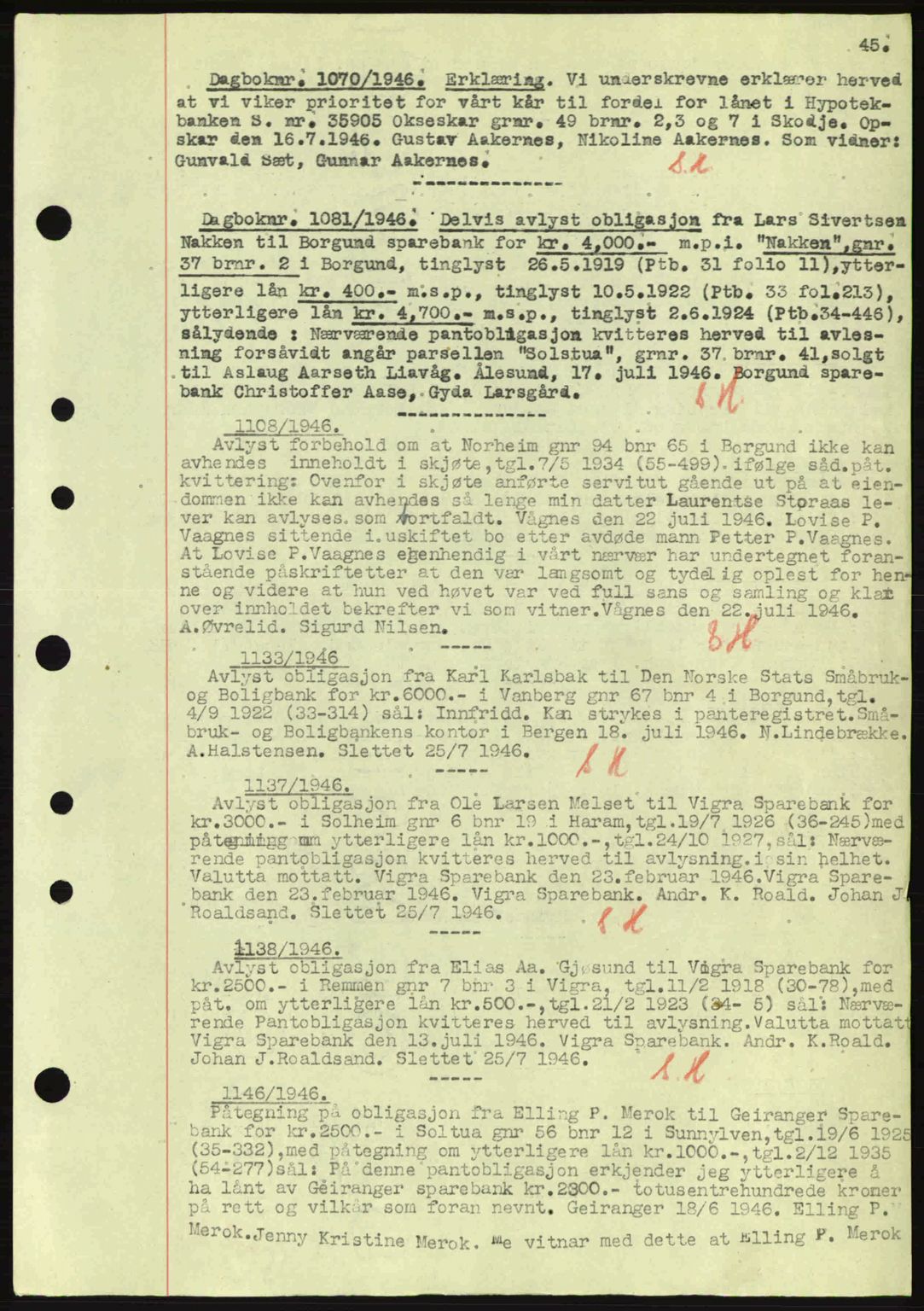 Nordre Sunnmøre sorenskriveri, SAT/A-0006/1/2/2C/2Ca: Mortgage book no. B6-14 a, 1942-1945, Diary no: : 1070/1946
