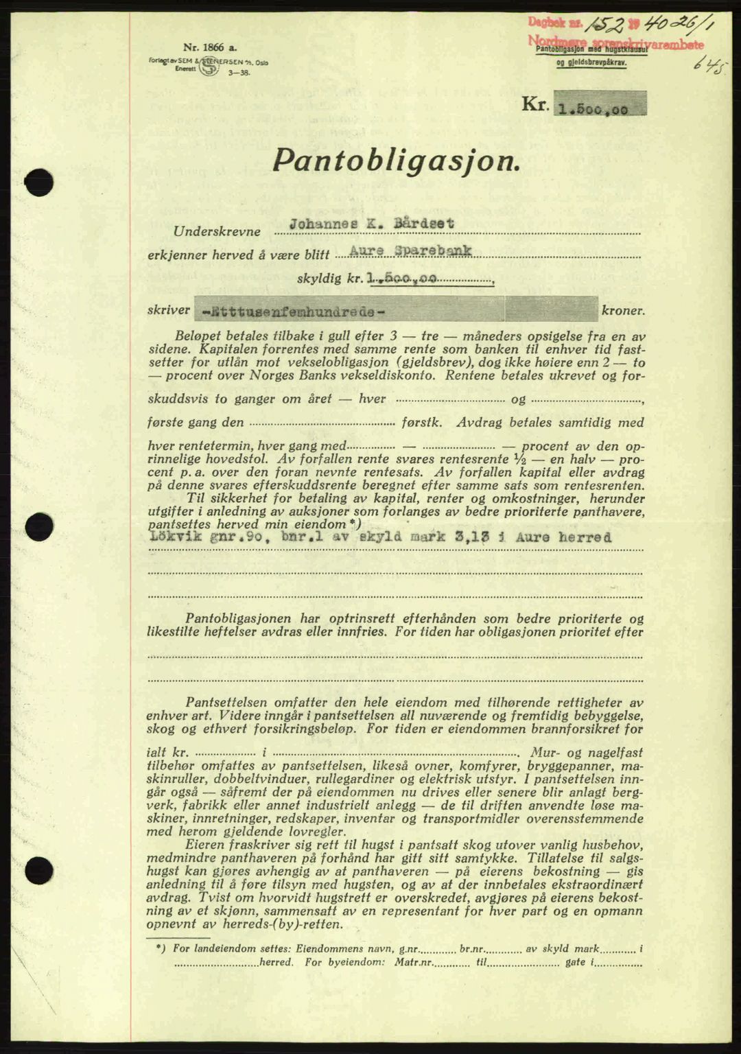 Nordmøre sorenskriveri, AV/SAT-A-4132/1/2/2Ca: Mortgage book no. B86, 1939-1940, Diary no: : 152/1940