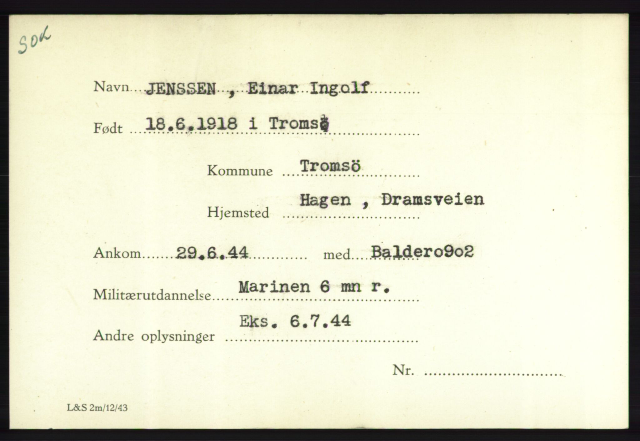 Forsvarets Overkommando. 2. kontor. Arkiv 8.1. Mottakersentralen FDE og FO.II, AV/RA-RAFA-6952/P/Pa/L0010: Jenssen - Jøsevold , 1940-1945, p. 5