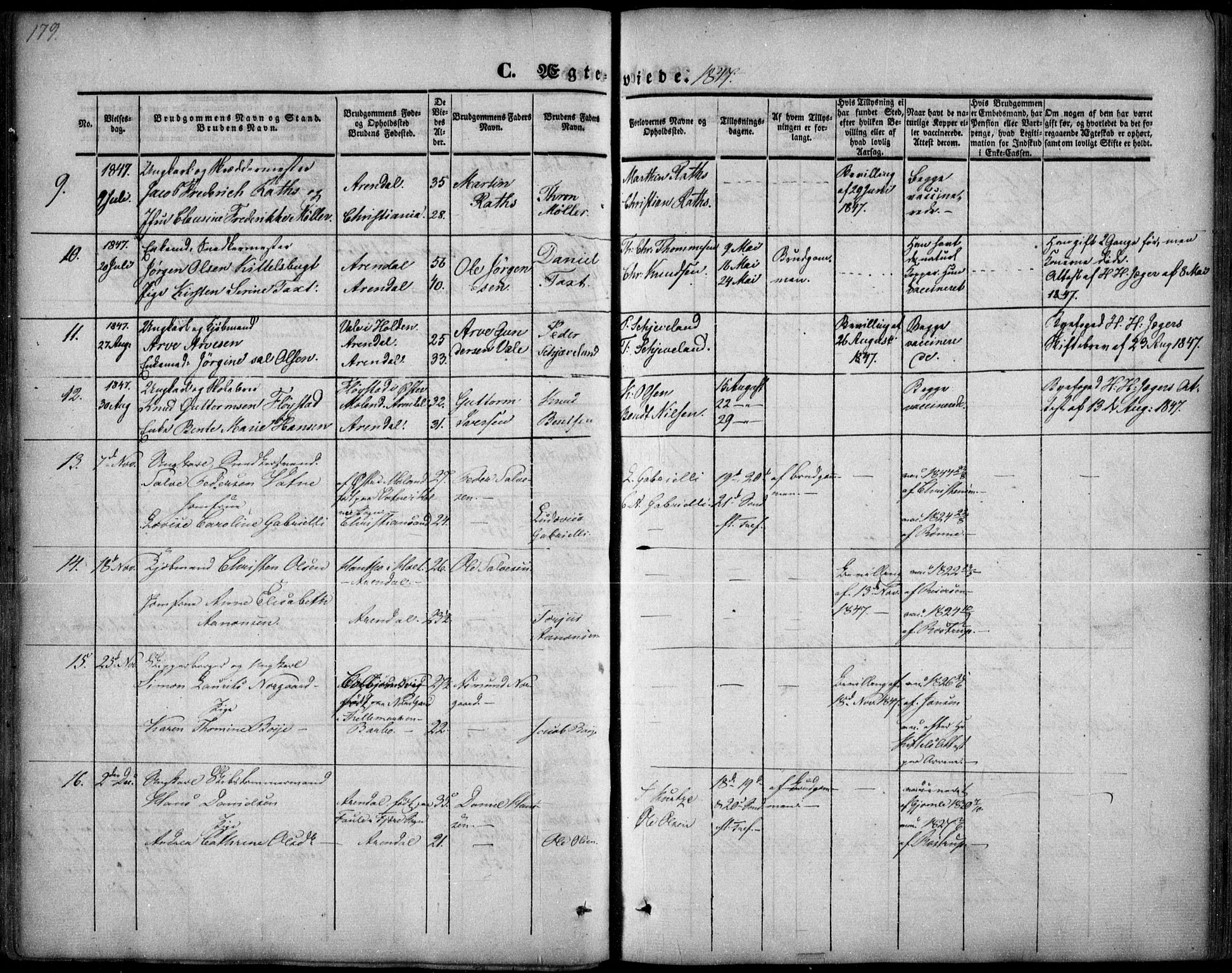 Arendal sokneprestkontor, Trefoldighet, AV/SAK-1111-0040/F/Fa/L0005: Parish register (official) no. A 5, 1838-1854, p. 179