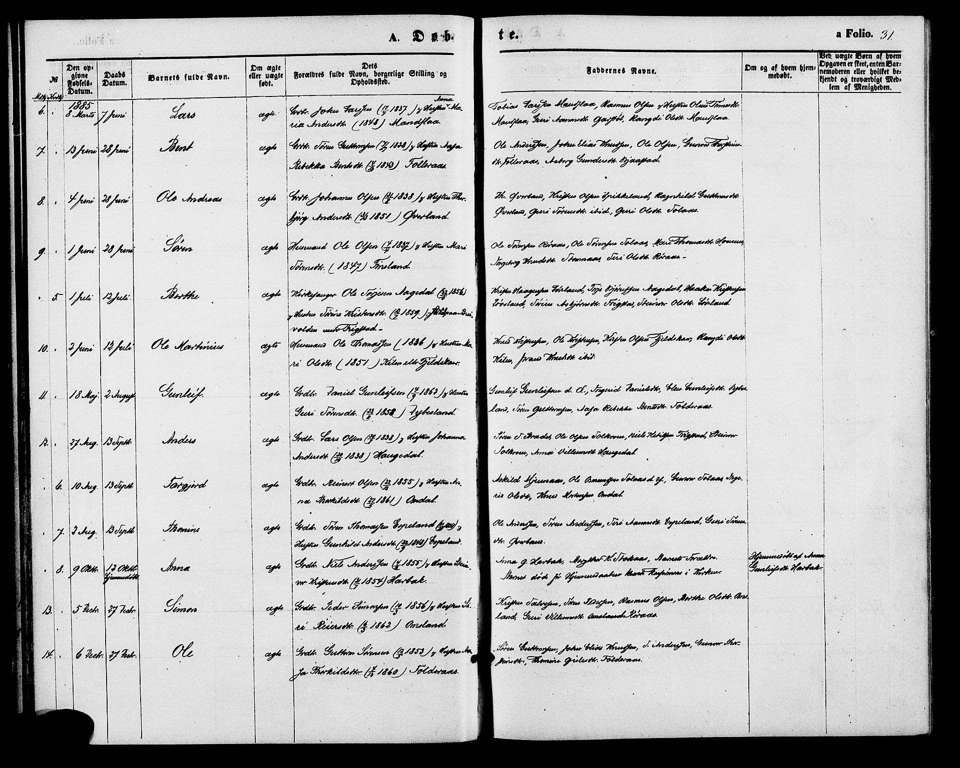 Bjelland sokneprestkontor, AV/SAK-1111-0005/F/Fa/Fab/L0003: Parish register (official) no. A 3, 1870-1887, p. 31