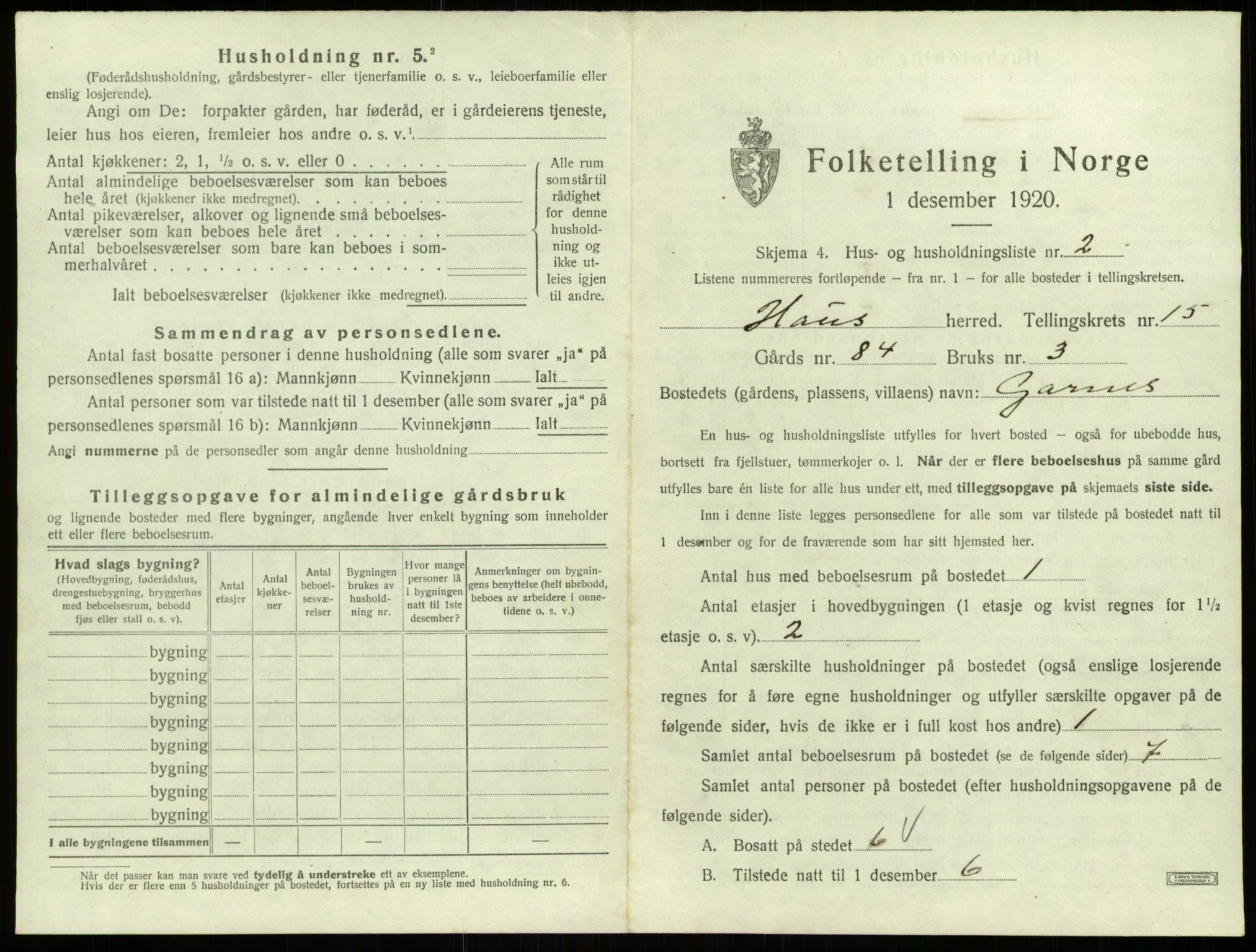 SAB, 1920 census for Haus, 1920, p. 1185