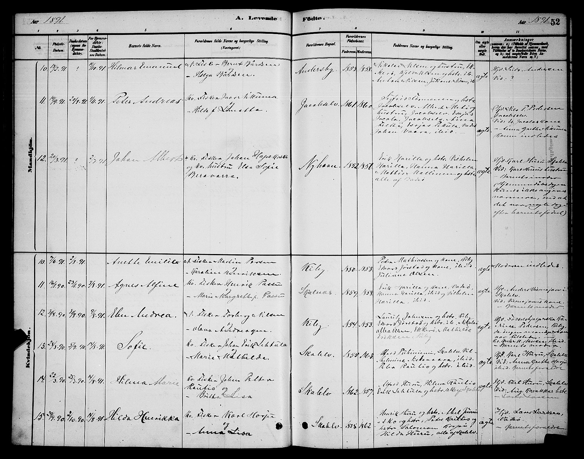 Vadsø sokneprestkontor, SATØ/S-1325/H/Hb/L0003klokker: Parish register (copy) no. 3, 1881-1901, p. 52