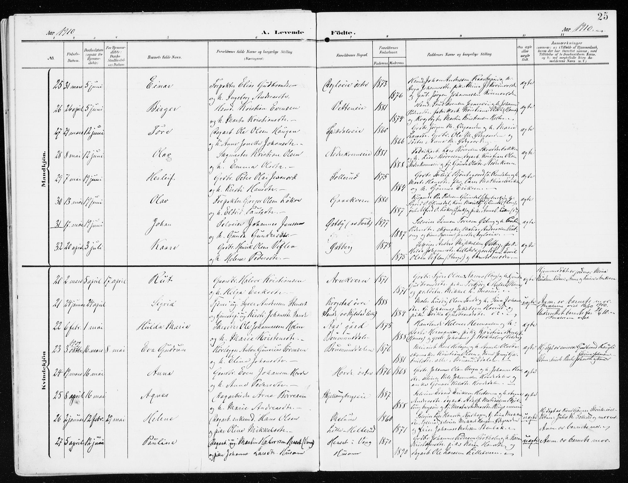 Furnes prestekontor, AV/SAH-PREST-012/K/Ka/L0001: Parish register (official) no. 1, 1907-1935, p. 25