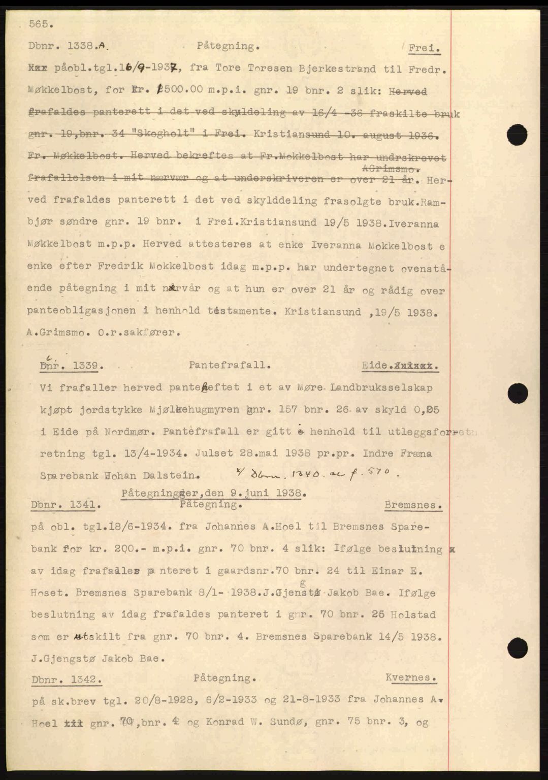 Nordmøre sorenskriveri, AV/SAT-A-4132/1/2/2Ca: Mortgage book no. C80, 1936-1939, Diary no: : 1338/1938