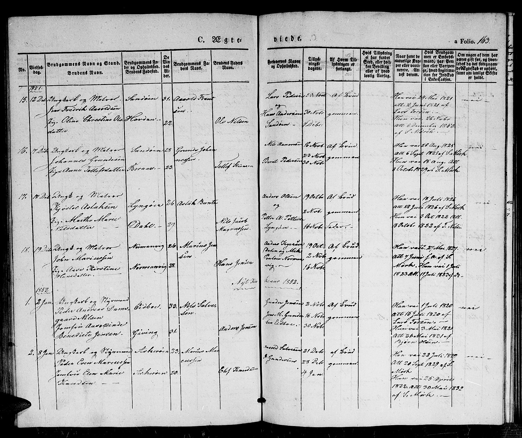 Dypvåg sokneprestkontor, AV/SAK-1111-0007/F/Fb/Fba/L0010: Parish register (copy) no. B 10, 1842-1857, p. 163