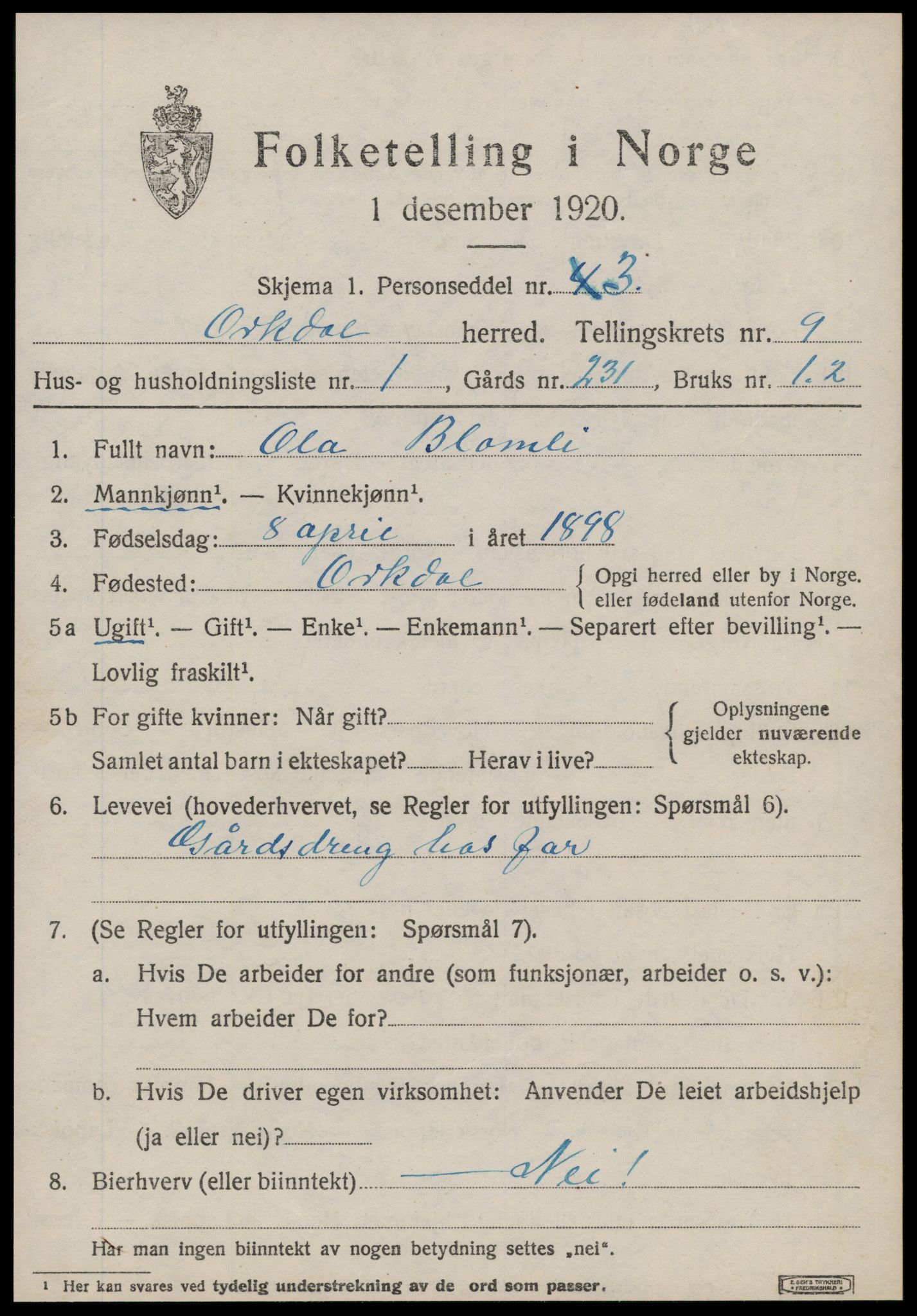 SAT, 1920 census for Orkdal, 1920, p. 6880