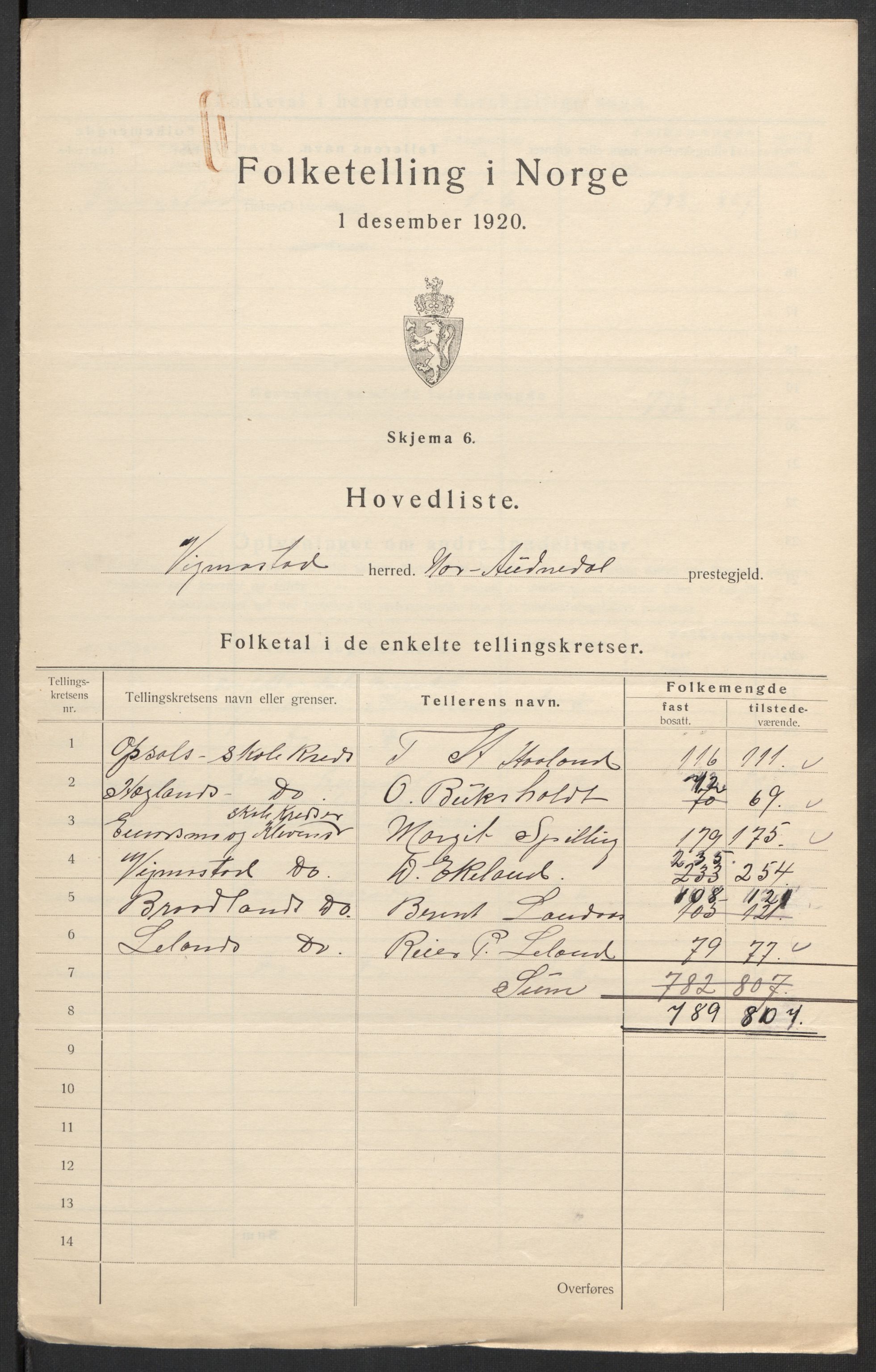 SAK, 1920 census for Vigmostad, 1920, p. 8