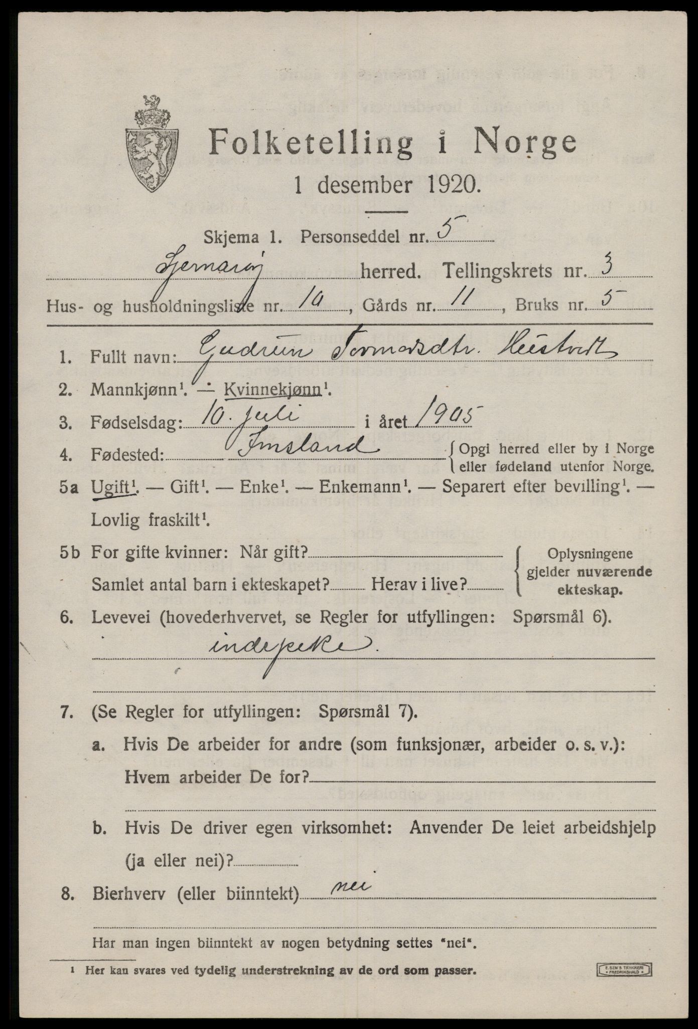 SAST, 1920 census for Sjernarøy, 1920, p. 992