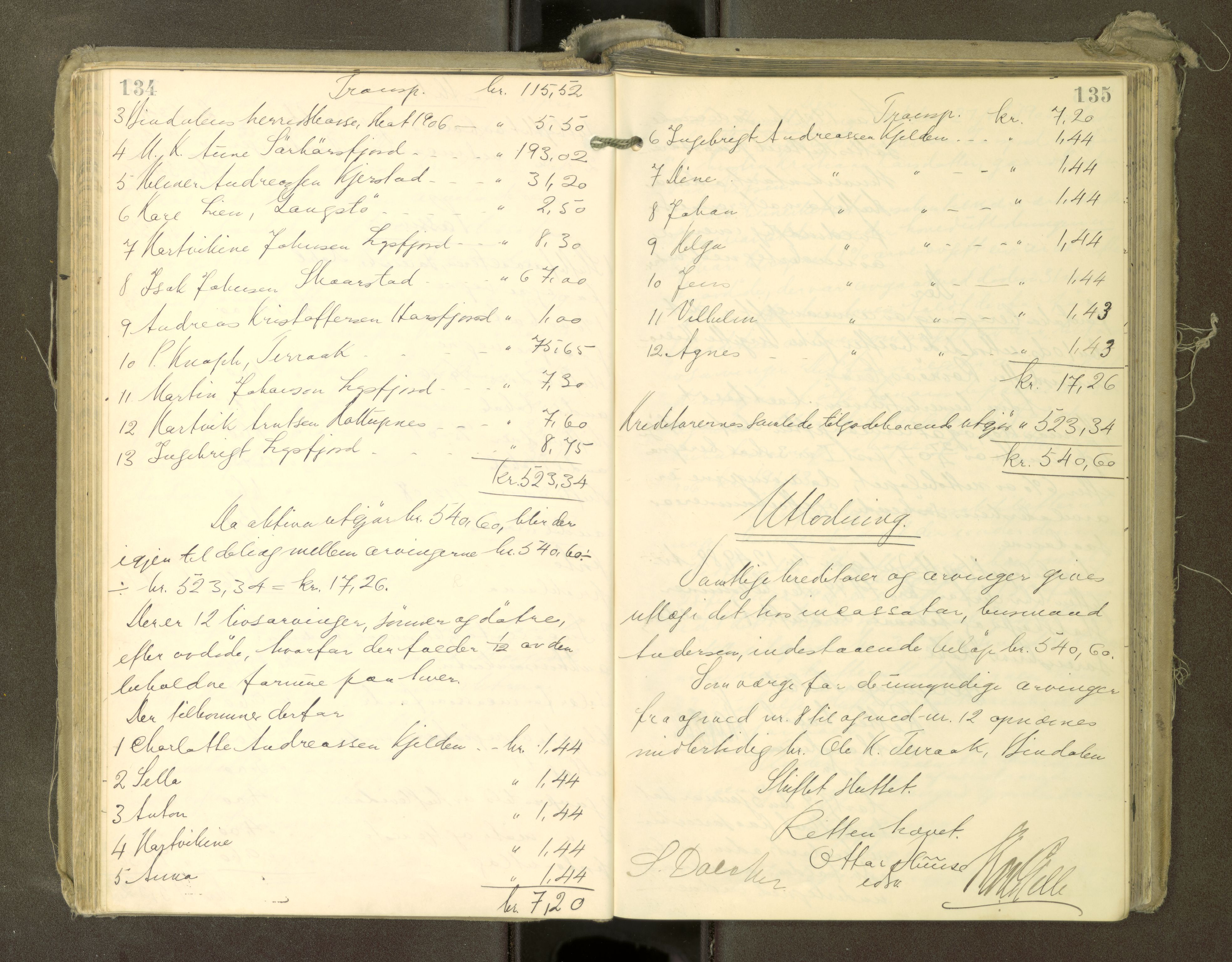 Søndre Helgeland sorenskriveri, AV/SAT-A-4575/1/3/3A/L0008: Skifteutlodningsprot., 1908-1913, p. 134-135