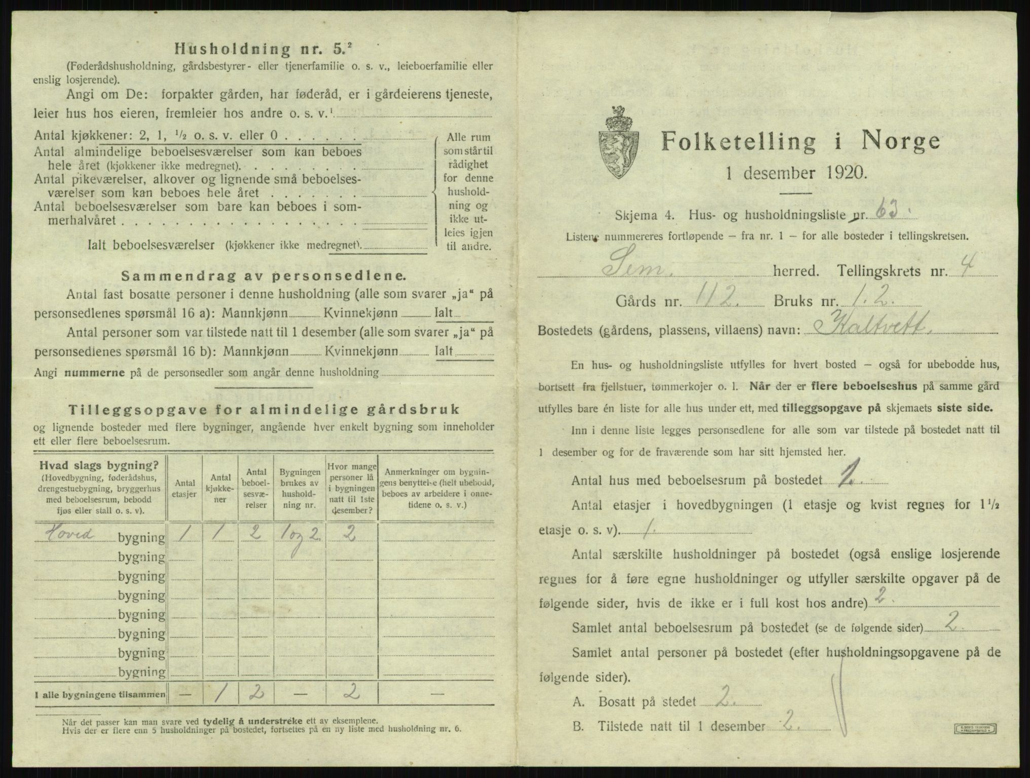 SAKO, 1920 census for Sem, 1920, p. 869