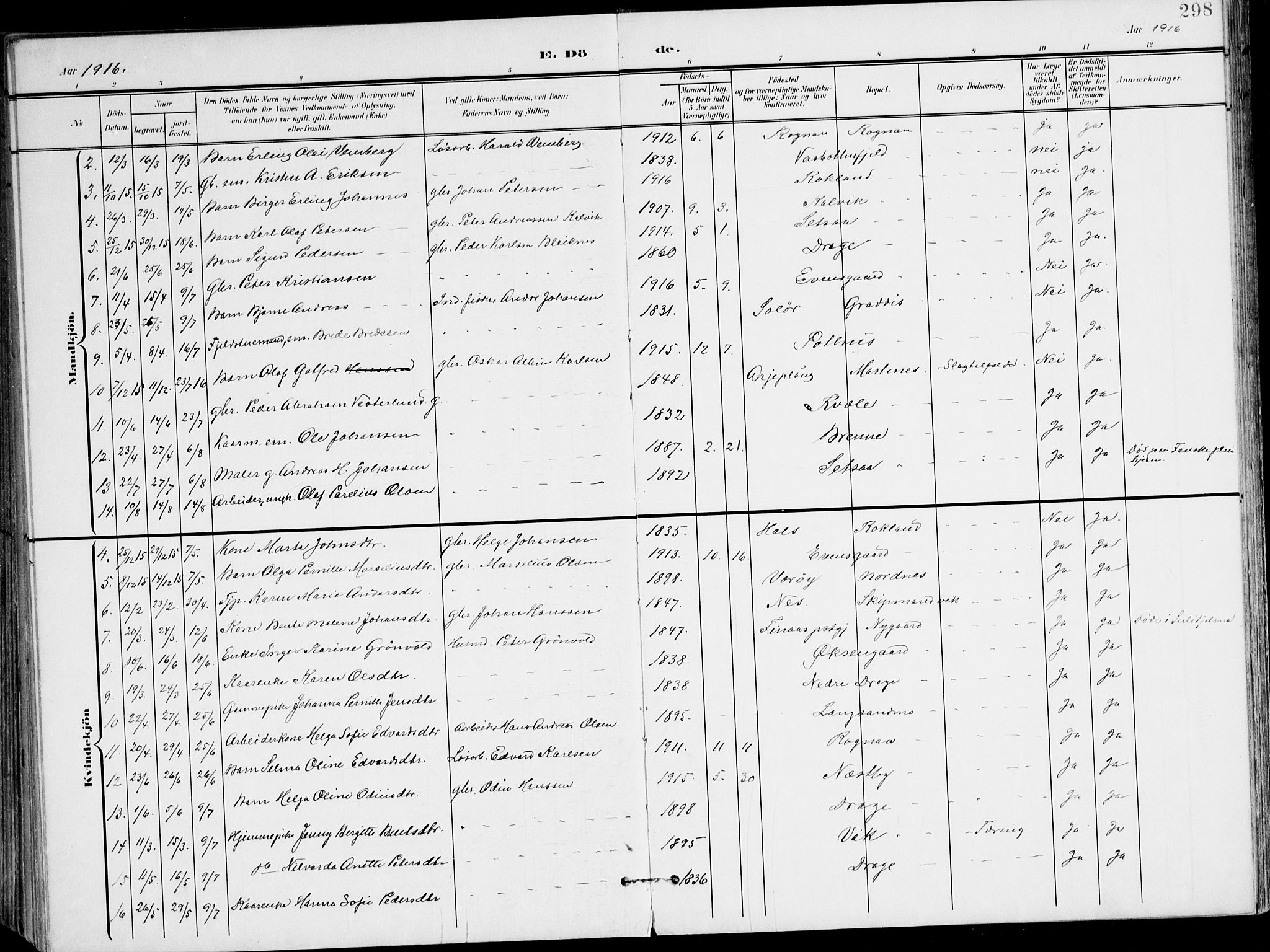 Ministerialprotokoller, klokkerbøker og fødselsregistre - Nordland, SAT/A-1459/847/L0672: Parish register (official) no. 847A12, 1902-1919, p. 298