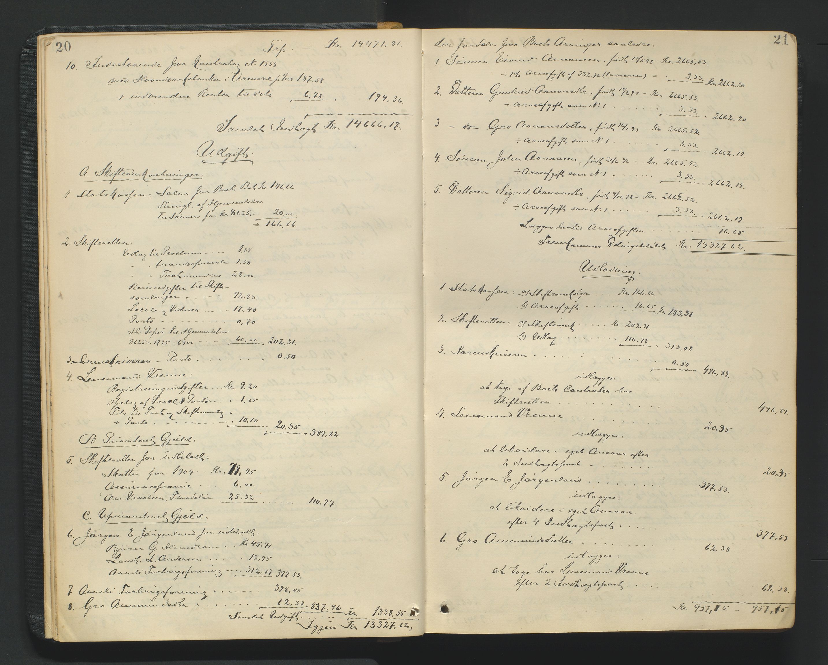 Nedenes sorenskriveri, AV/SAK-1221-0006/H/Hc/L0020: Skifteutlodningsprotokoll nr 6 med register, 1904-1913, p. 20-21