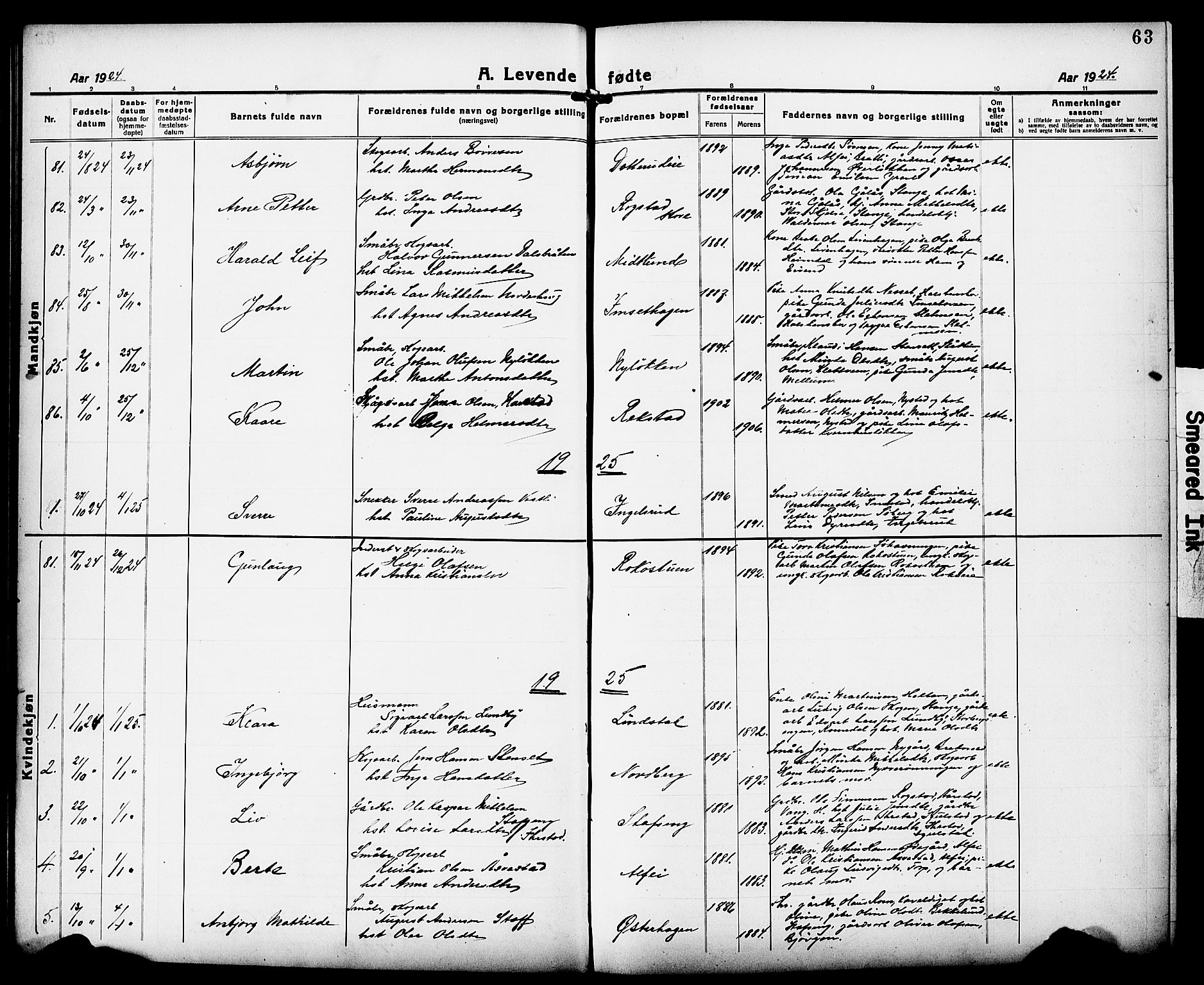 Løten prestekontor, AV/SAH-PREST-022/L/La/L0008: Parish register (copy) no. 8, 1920-1929, p. 63