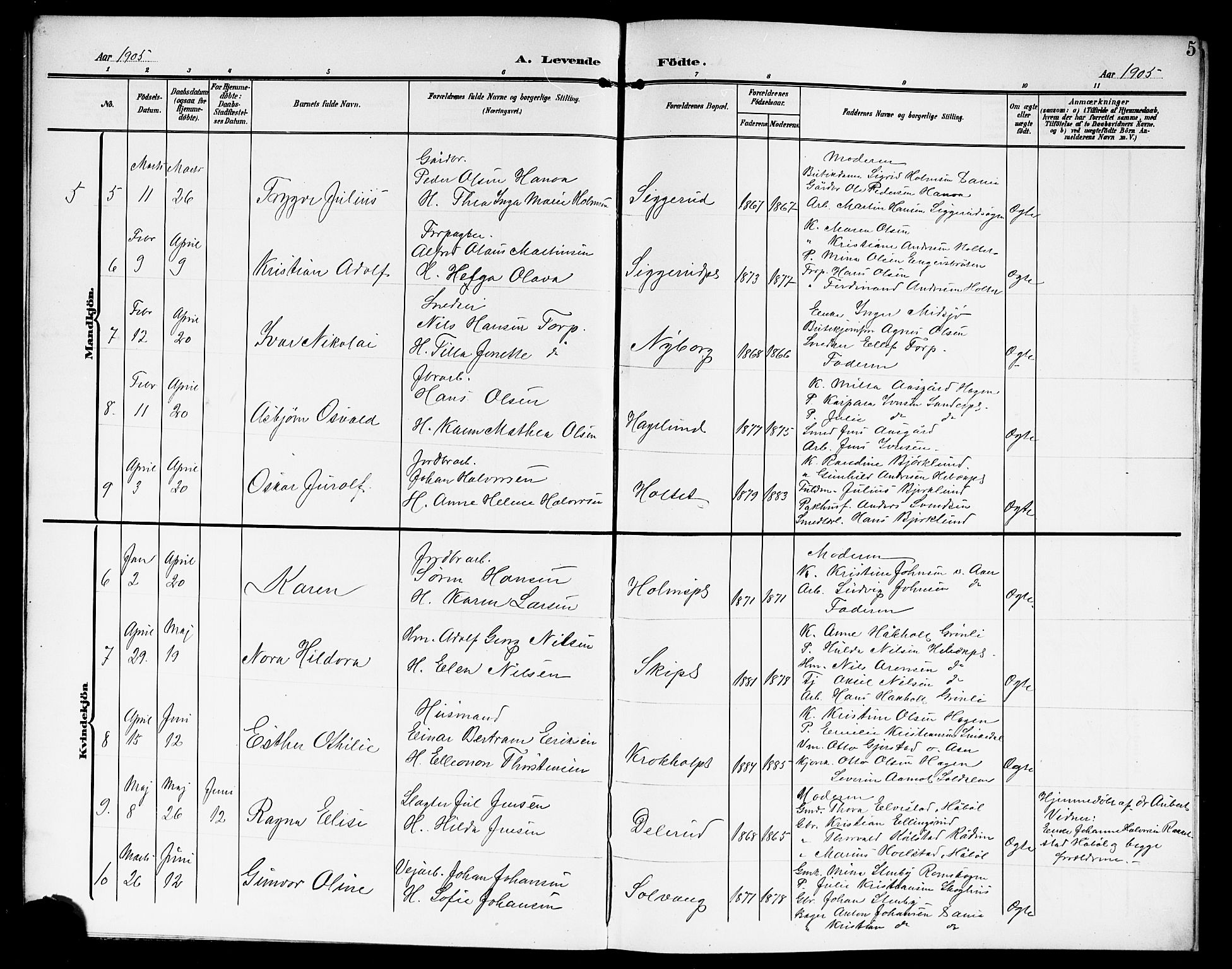 Kråkstad prestekontor Kirkebøker, SAO/A-10125a/G/Gb/L0001: Parish register (copy) no. II 1, 1905-1920, p. 5