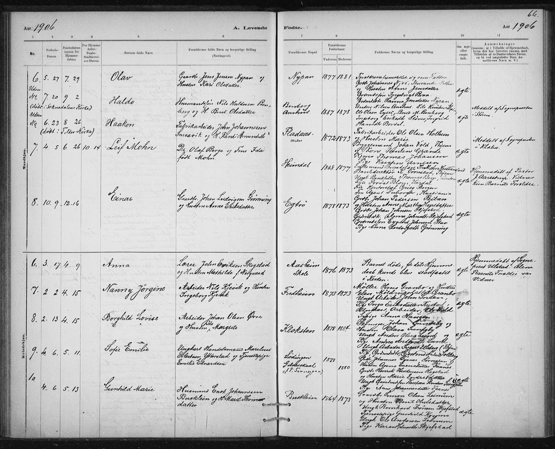 Ministerialprotokoller, klokkerbøker og fødselsregistre - Sør-Trøndelag, SAT/A-1456/613/L0392: Parish register (official) no. 613A01, 1887-1906, p. 66