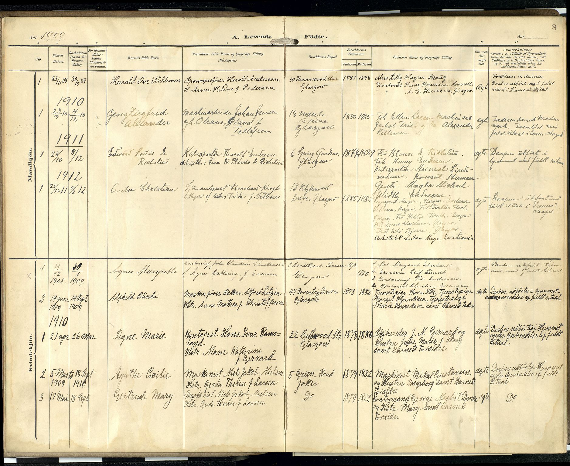 Den norske sjømannsmisjon i utlandet/Skotske havner (Leith, Glasgow), SAB/SAB/PA-0100/H/Ha/Hab/L0001: Parish register (official) no. A 1, 1902-1931, p. 7b-8a