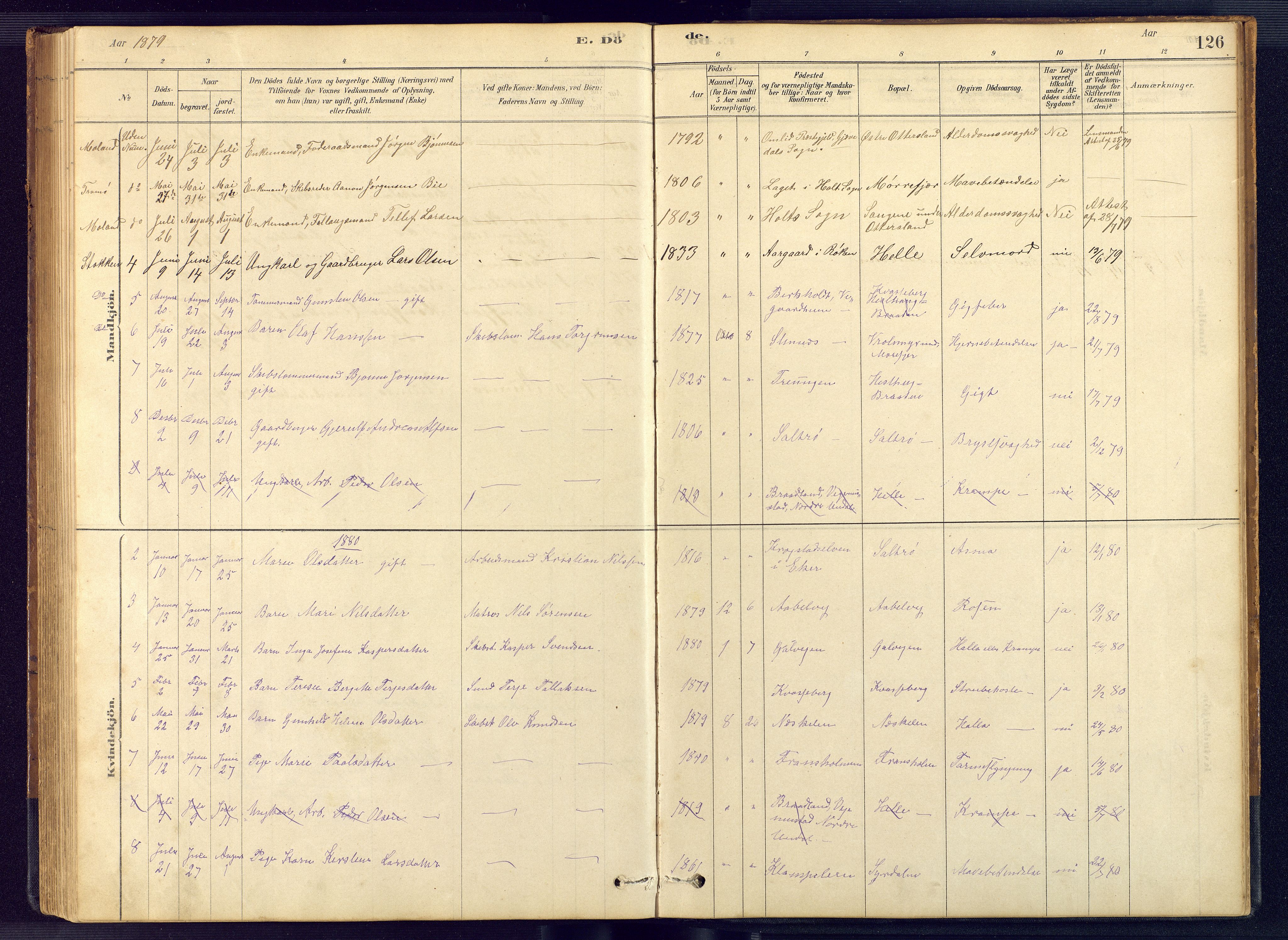 Austre Moland sokneprestkontor, SAK/1111-0001/F/Fb/Fbb/L0001: Parish register (copy) no. B 1, 1878-1904, p. 126